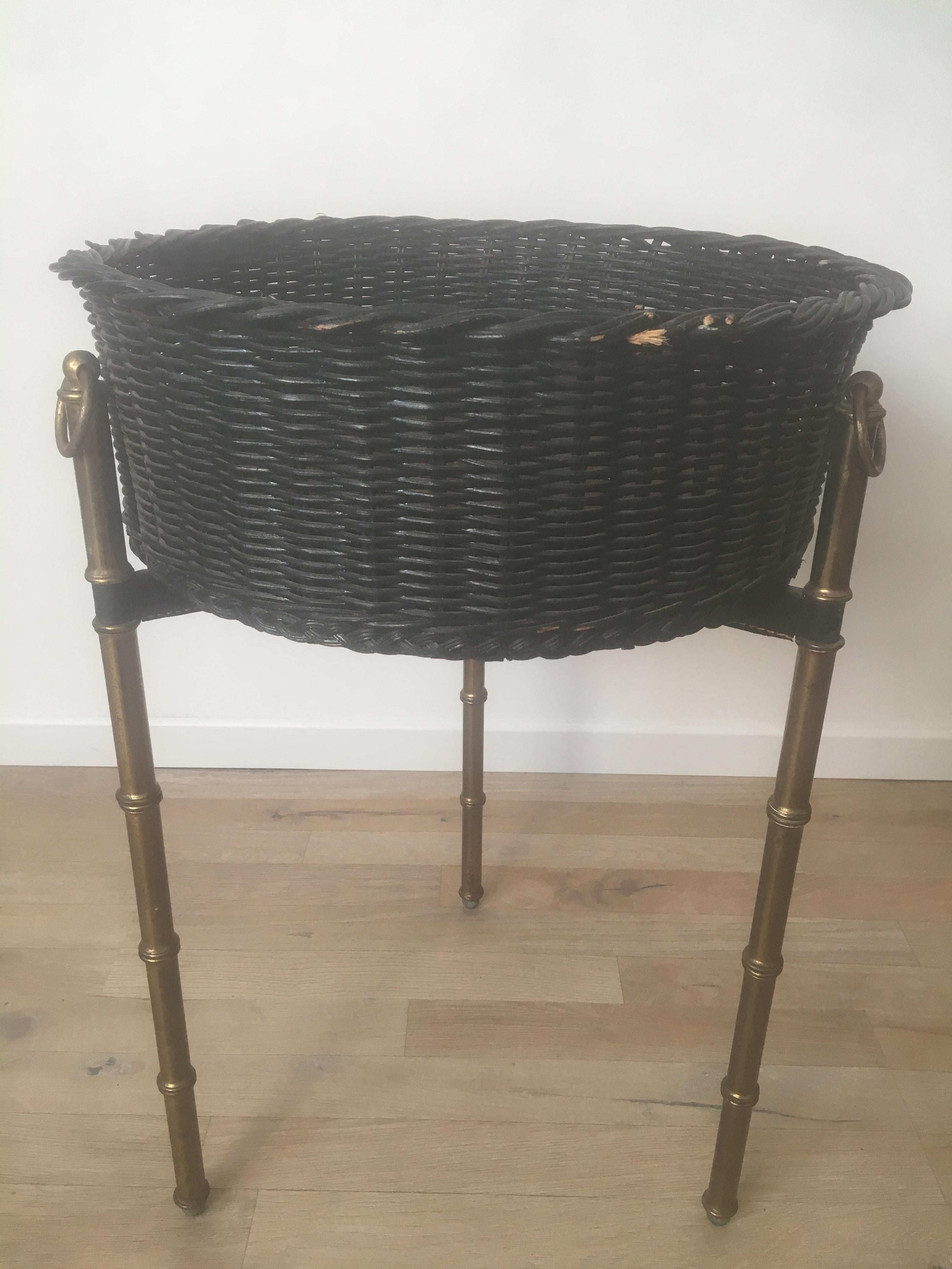 Mid-20th Century  Jacques Adnet Black Rattan Indoor Planter, Bamboo Gilt Metal Legs, French 1950s For Sale