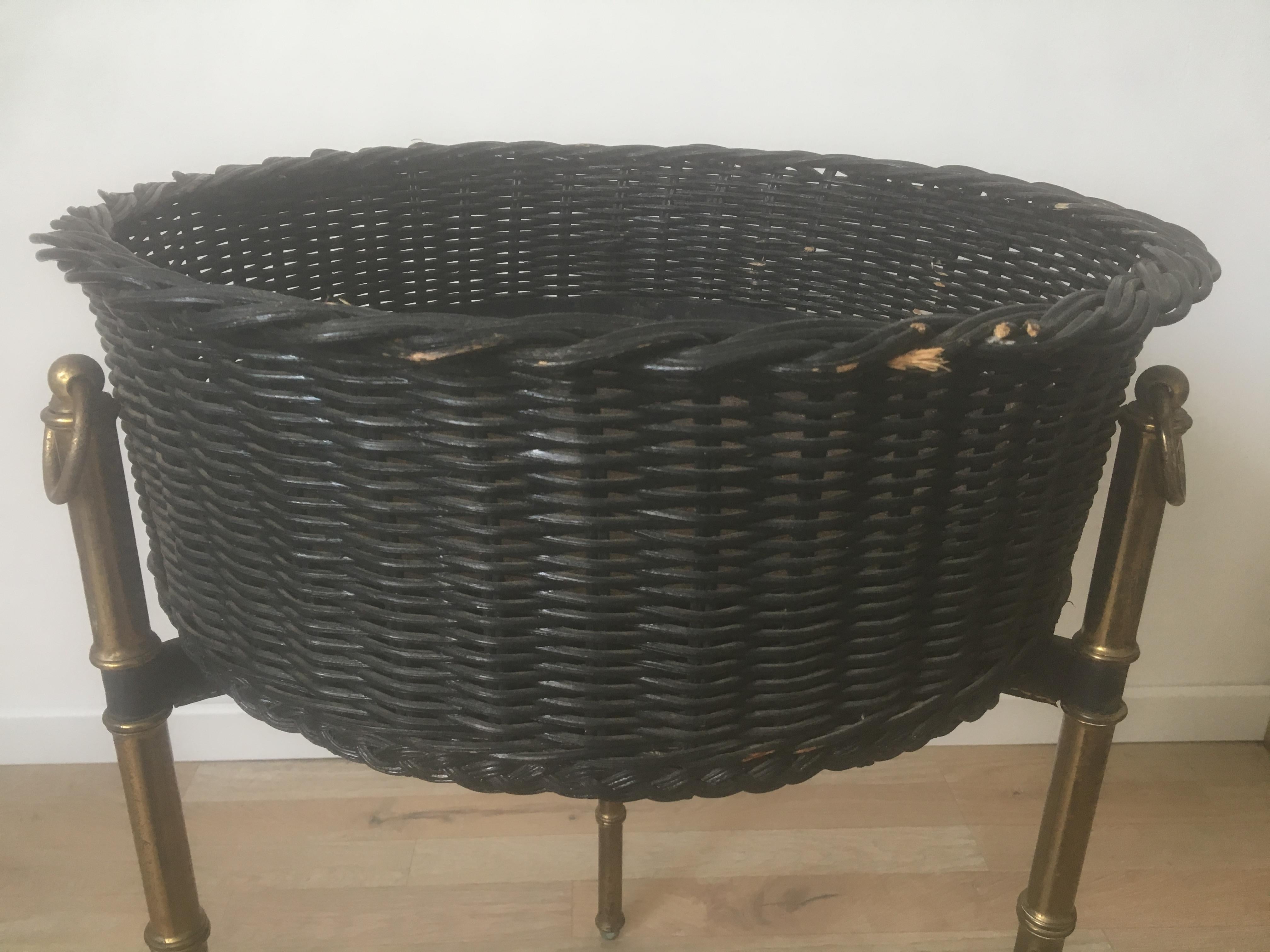 Jacques Adnet Black Rattan Indoor Planter, Bamboo Gilt Metal Legs, French 1950s For Sale 2