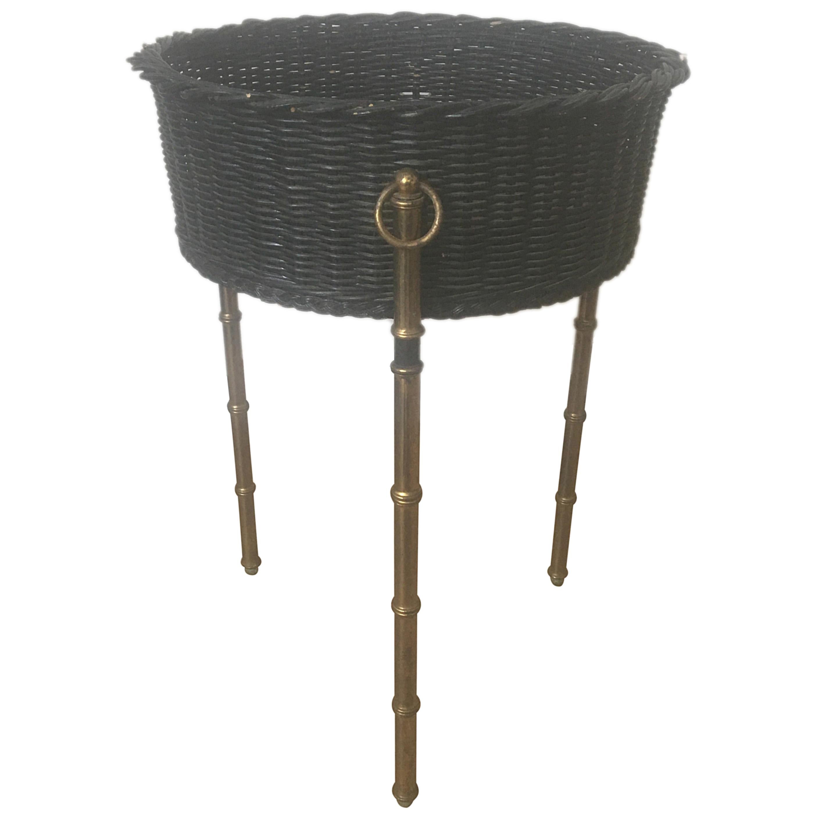  Jacques Adnet Black Rattan Indoor Planter, Bamboo Gilt Metal Legs, French 1950s For Sale