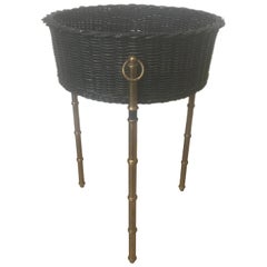  Jacques Adnet Black Rattan Indoor Planter, Bamboo Gilt Metal Legs, French 1950s