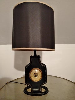 Jacques Adnet Black Stitched Leather and Brass Barometer Table Lamp, 1950s