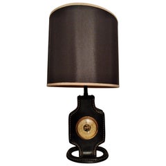 Retro Jacques Adnet Black Stitched Leather and Brass Barometer Table Lamp, 1950s
