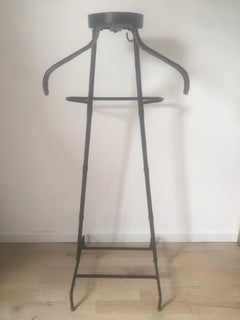 Jacques Adnet Black Stitched Leather and Brass Valet, Bamboo Form, France, 1950s