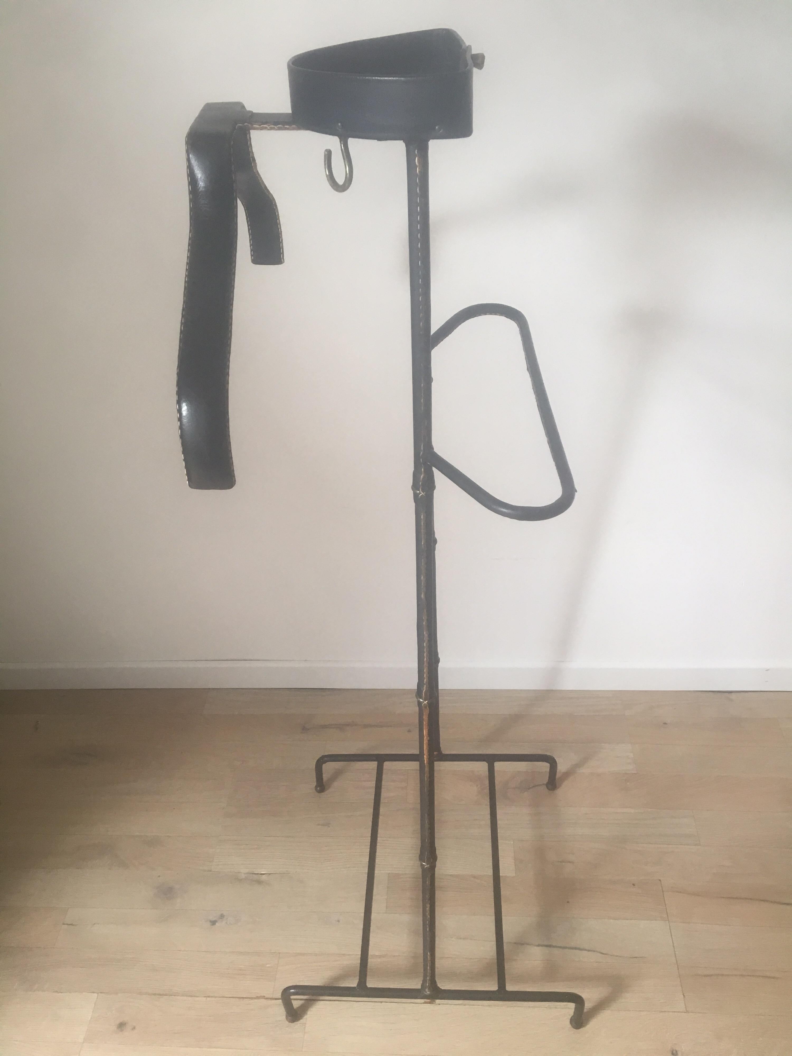 French Jacques Adnet Black Stitched Leather and Brass Valet, Bamboo Form, France, 1950s For Sale