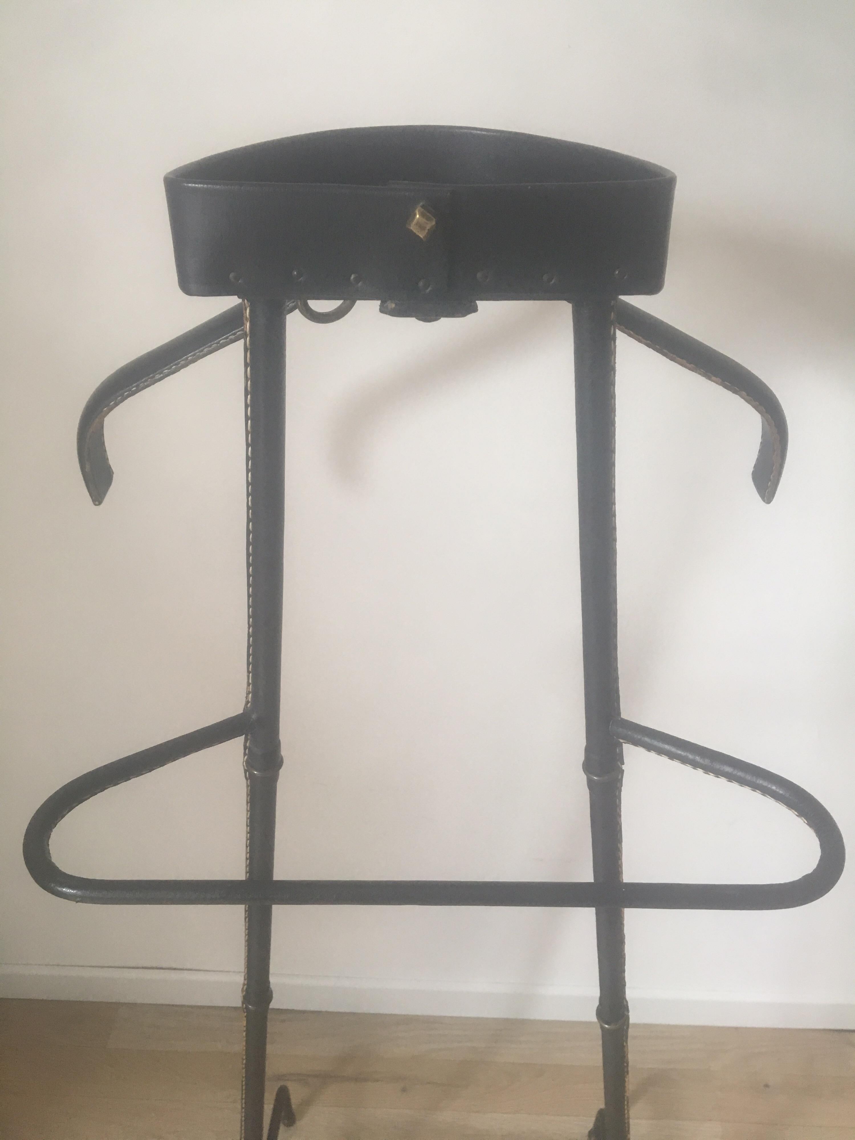 Mid-20th Century Jacques Adnet Black Stitched Leather and Brass Valet, Bamboo Form, France, 1950s For Sale