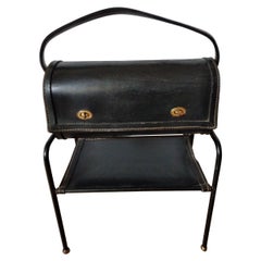 Jacques Adnet Black Stitched Leather Bag on Metal Base, 1950s Unusual Creation