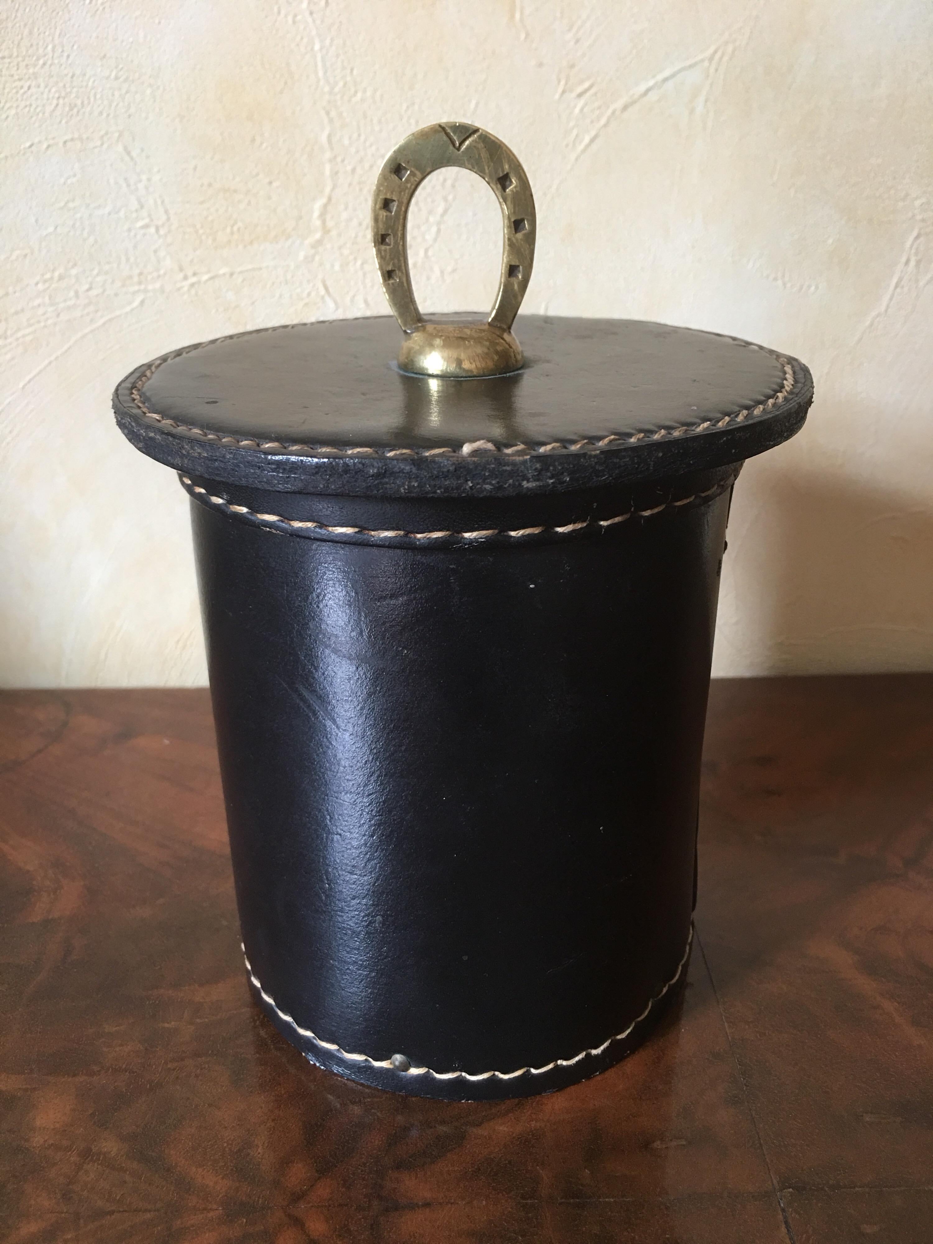 Mid-Century Modern Jacques Adnet Black Stitched Leather Box, French 1950s Documented For Sale