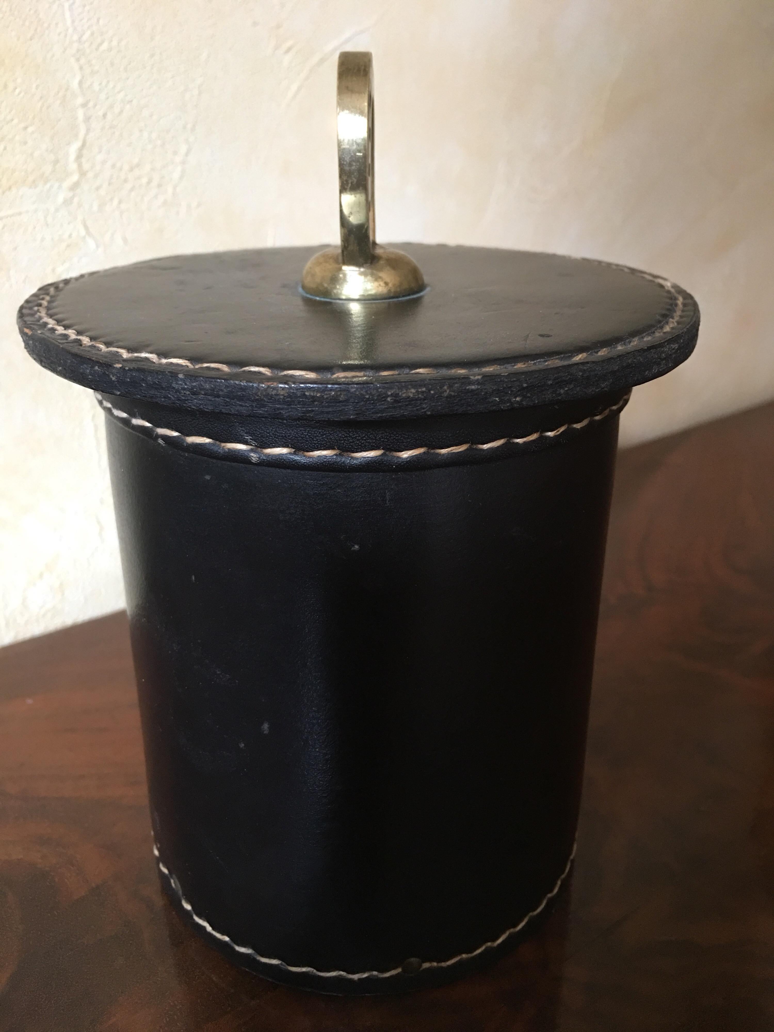 Jacques Adnet Black Stitched Leather Box, French 1950s Documented In Good Condition For Sale In Aix En Provence, FR