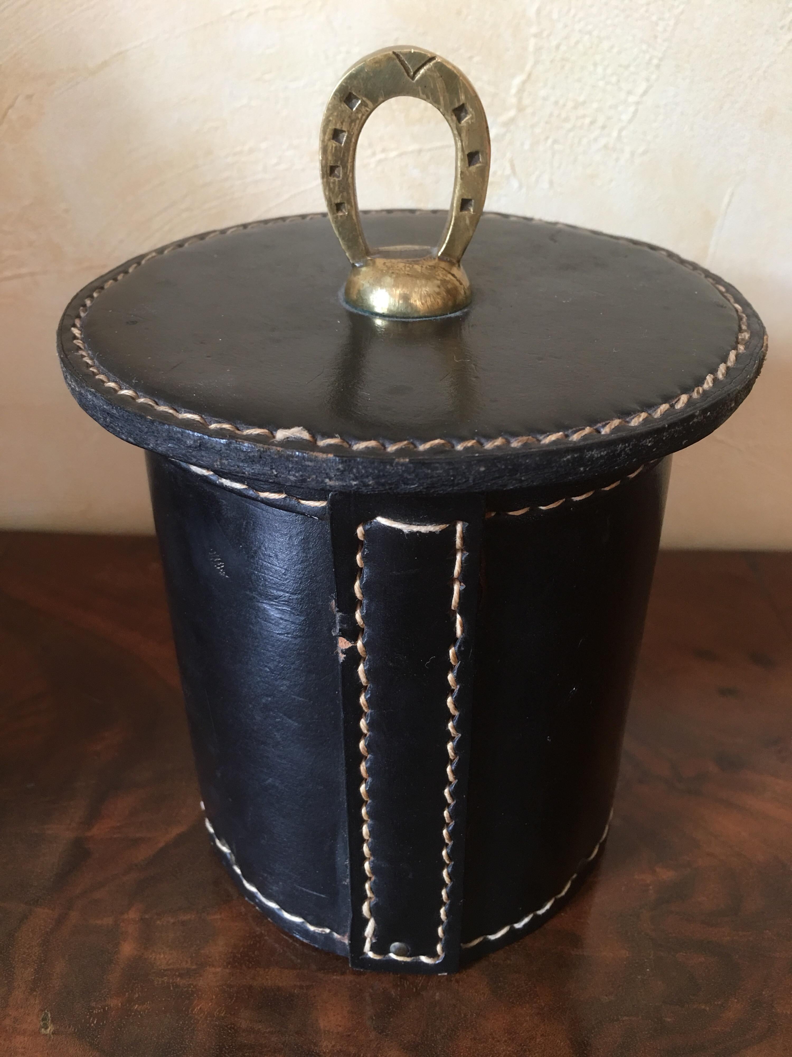 Mid-20th Century Jacques Adnet Black Stitched Leather Box, French 1950s Documented For Sale