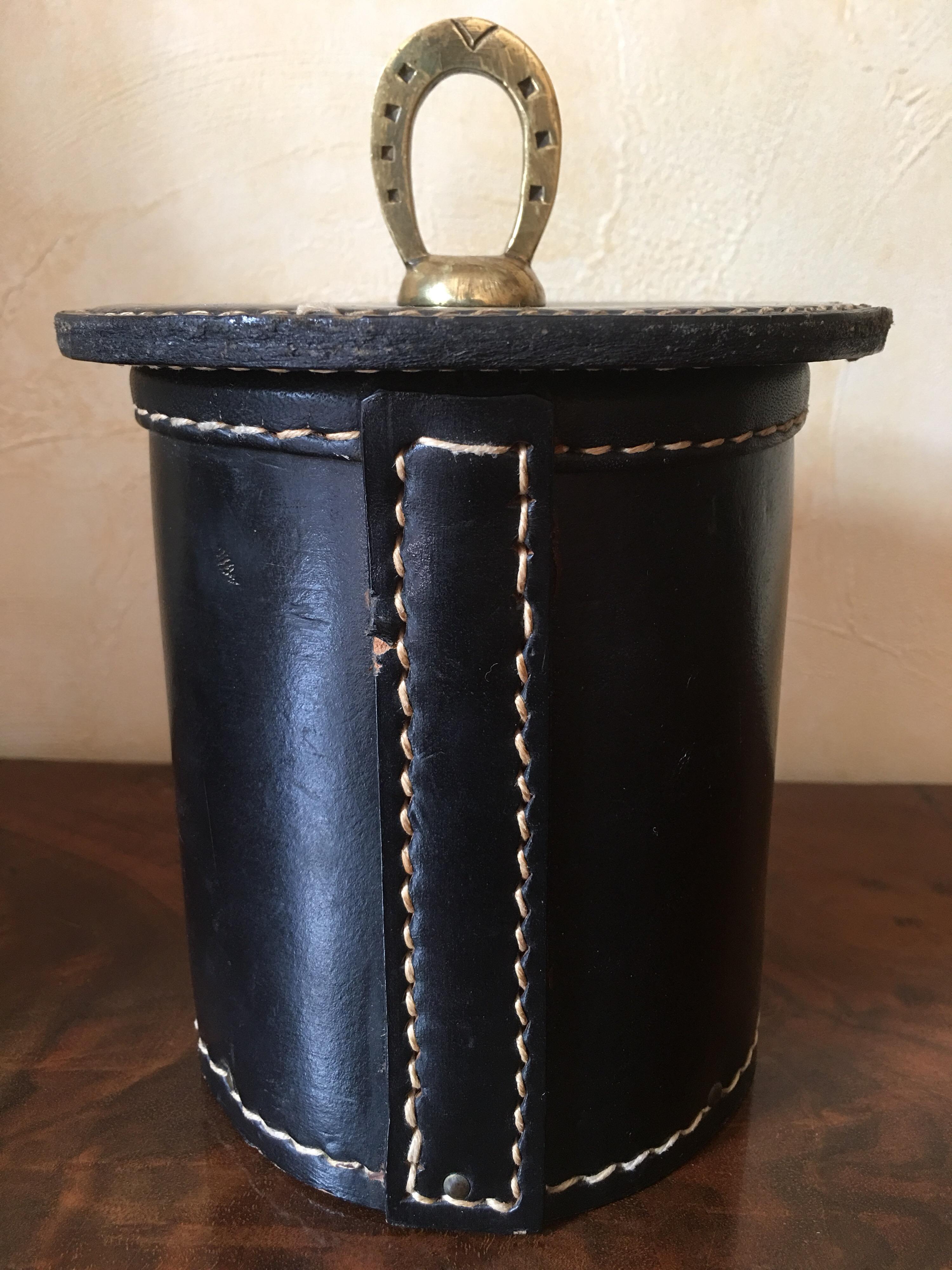 Bronze Jacques Adnet Black Stitched Leather Box, French 1950s Documented For Sale