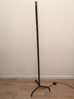 Jacques Adnet Black Stitched Leather Floor Lamp, Bamboo Form, French, 1950s