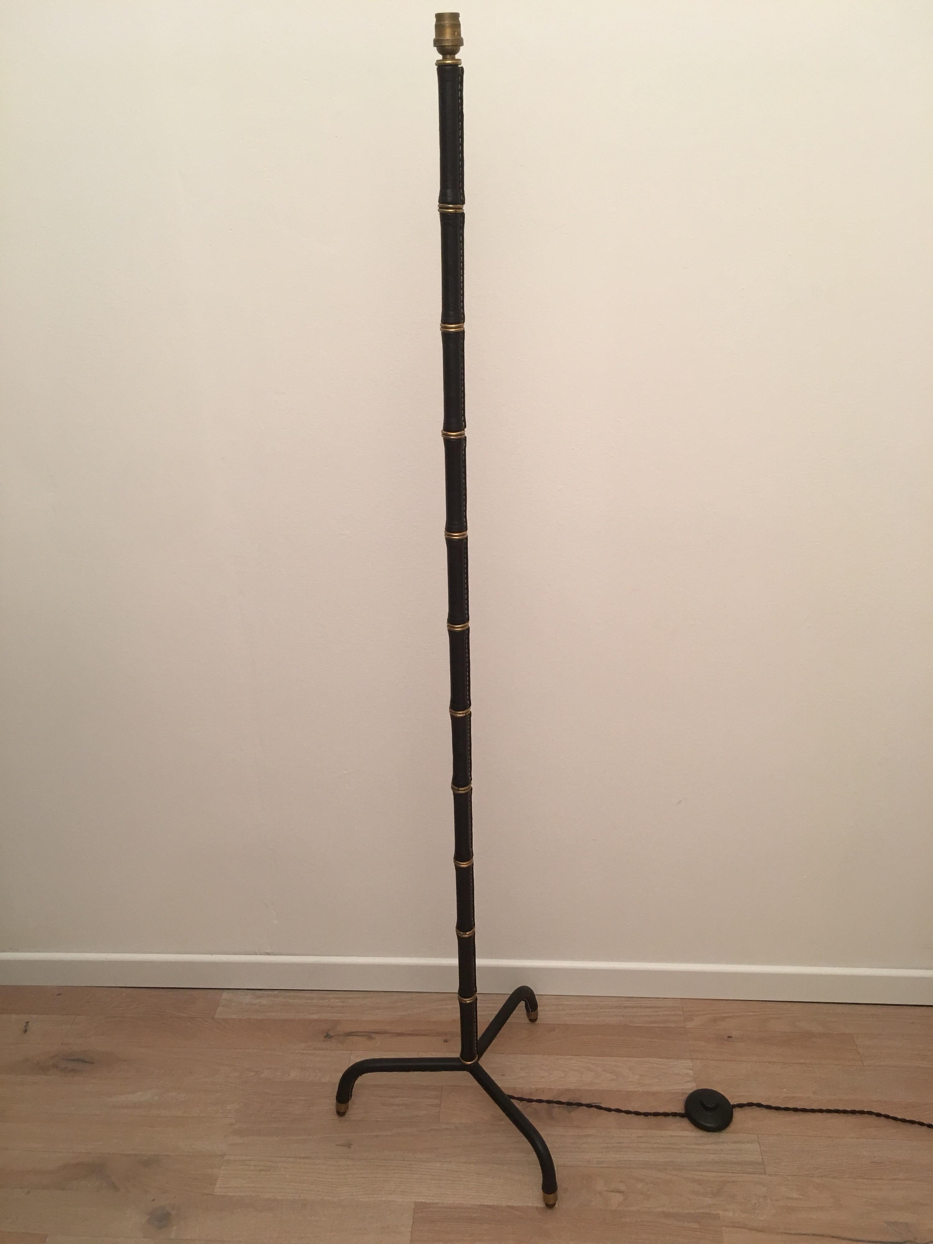 Mid-Century Modern Jacques Adnet Black Stitched Leather Floor Lamp, Bamboo Form, French, 1950s For Sale