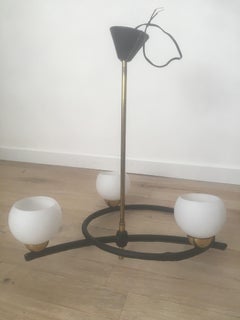 Jacques Adnet Black Stitched Leather Pendant, Three Opaline Glass, French, 1950s