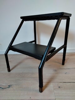 Jacques Adnet Black Stitched Leather Side Table, French, 1950s
