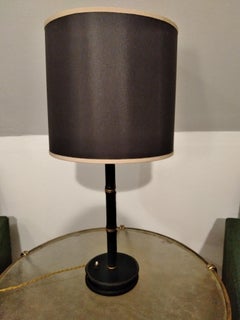 Jacques Adnet Black Stitched Leather Table Lamp, Bamboo Form, French, 1950s