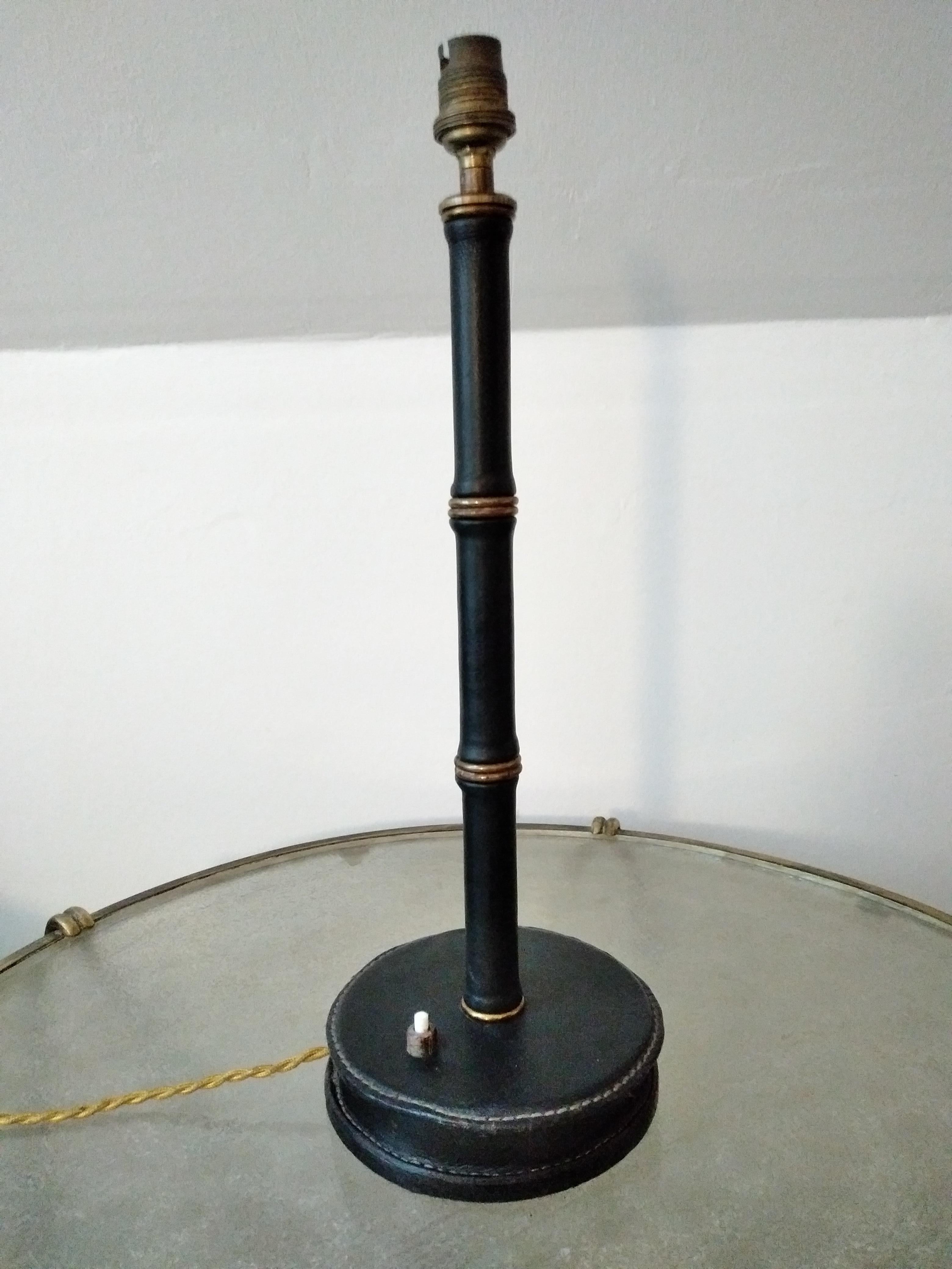 Mid-Century Modern Jacques Adnet Black Stitched Leather Table Lamp, Bamboo Form, French, 1950s For Sale