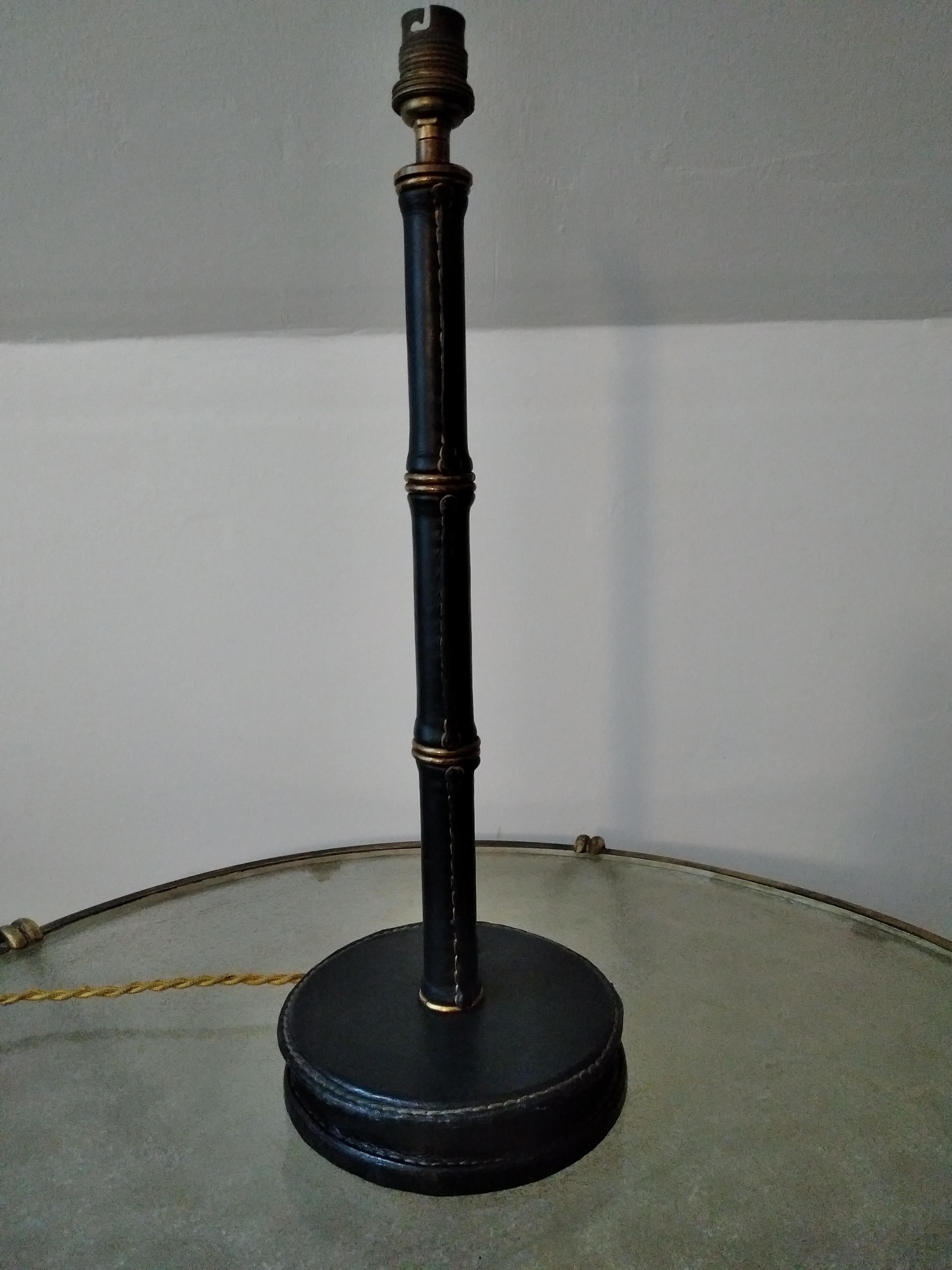 Jacques Adnet Black Stitched Leather Table Lamp, Bamboo Form, French, 1950s In Good Condition For Sale In Aix En Provence, FR
