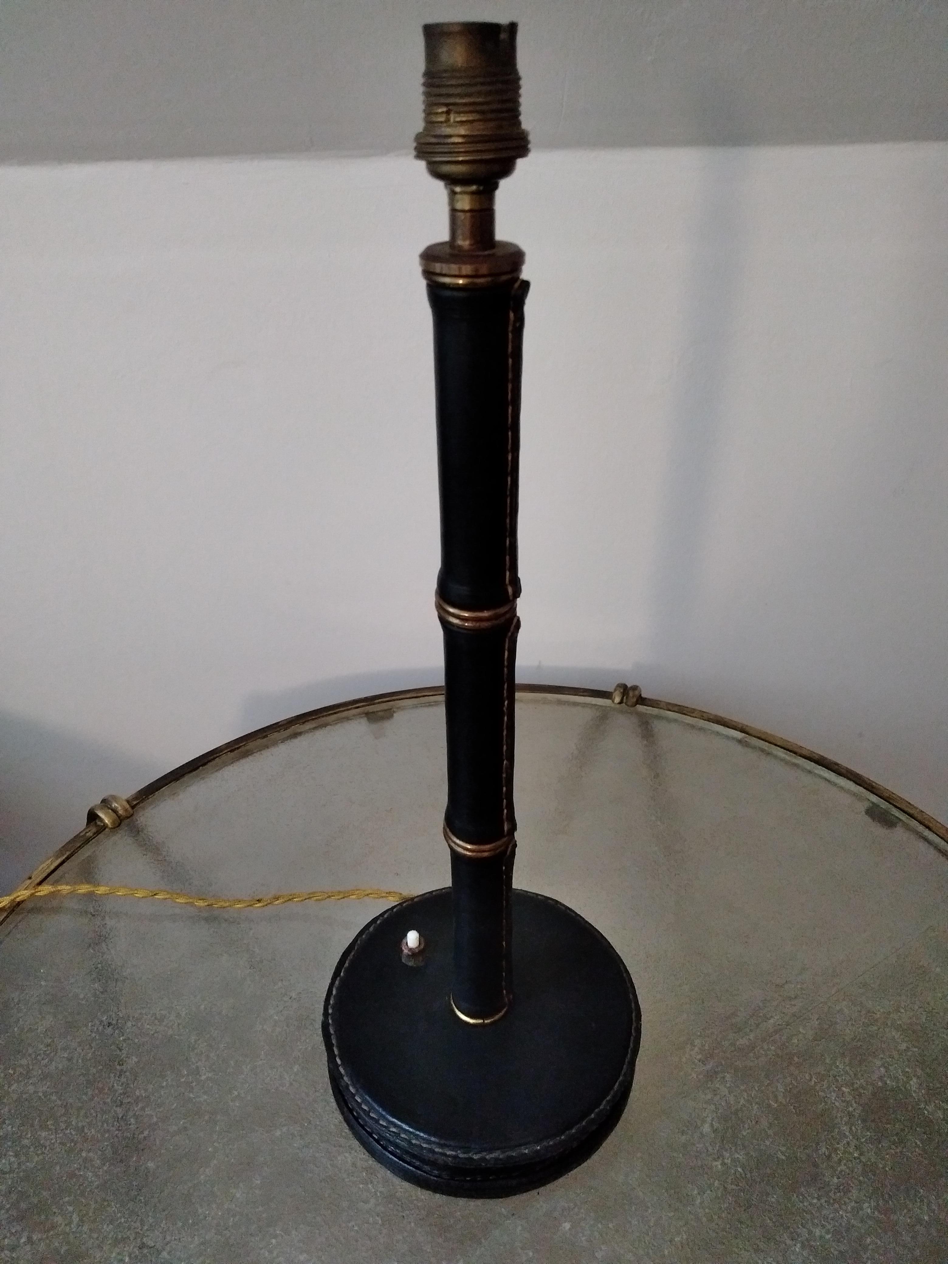 Mid-20th Century Jacques Adnet Black Stitched Leather Table Lamp, Bamboo Form, French, 1950s For Sale