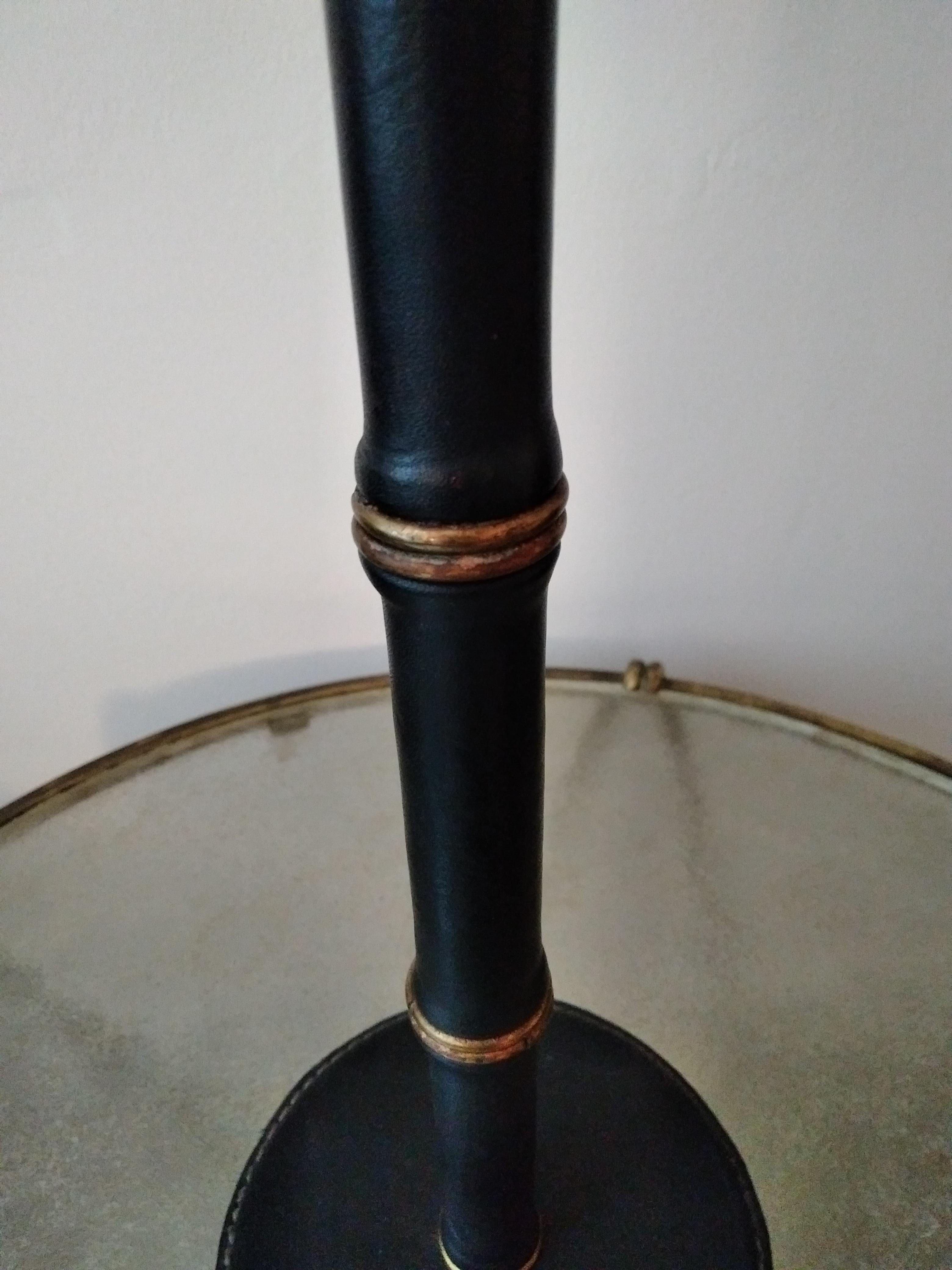 Brass Jacques Adnet Black Stitched Leather Table Lamp, Bamboo Form, French, 1950s For Sale