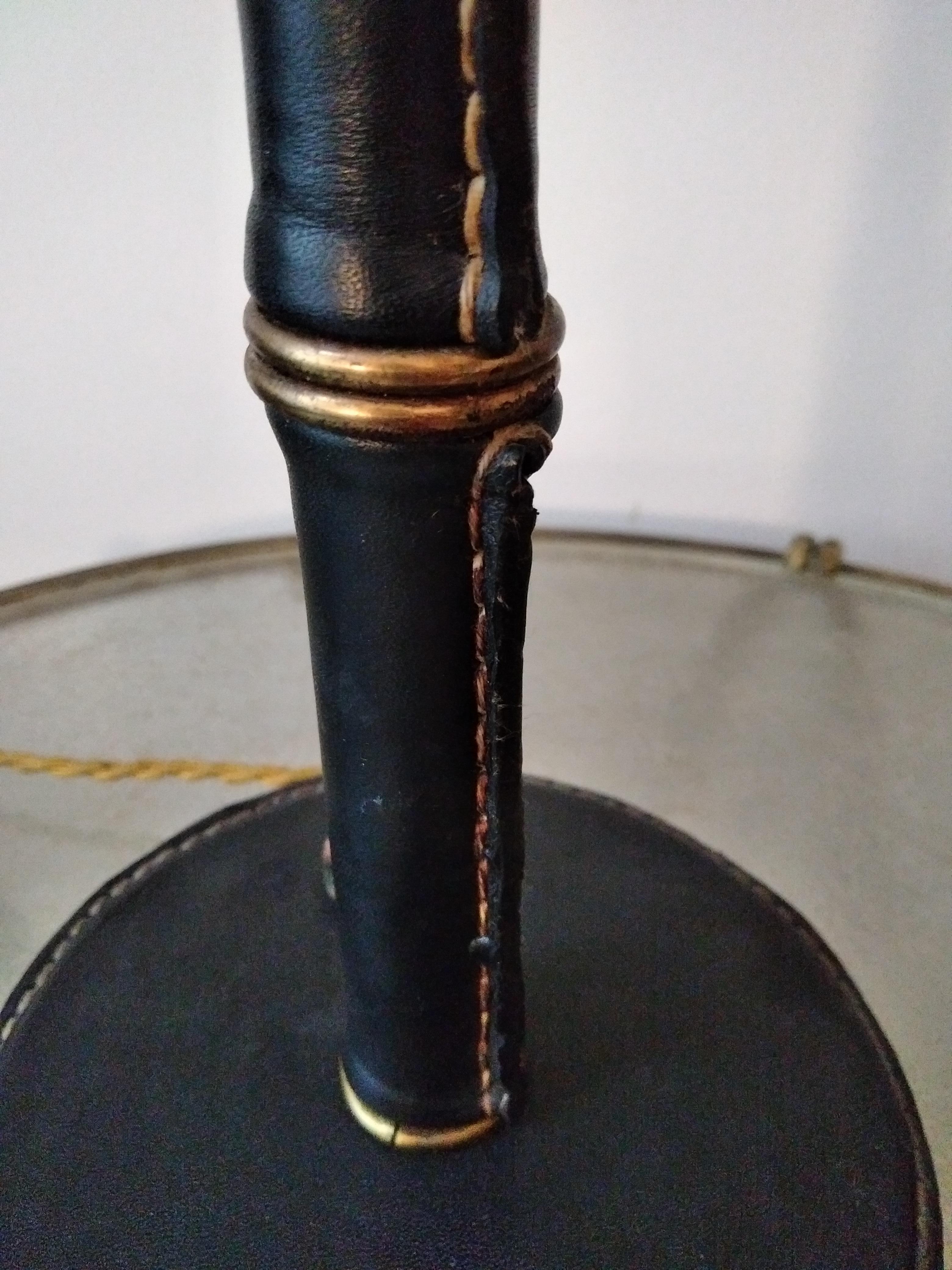 Jacques Adnet Black Stitched Leather Table Lamp, Bamboo Form, French, 1950s For Sale 2
