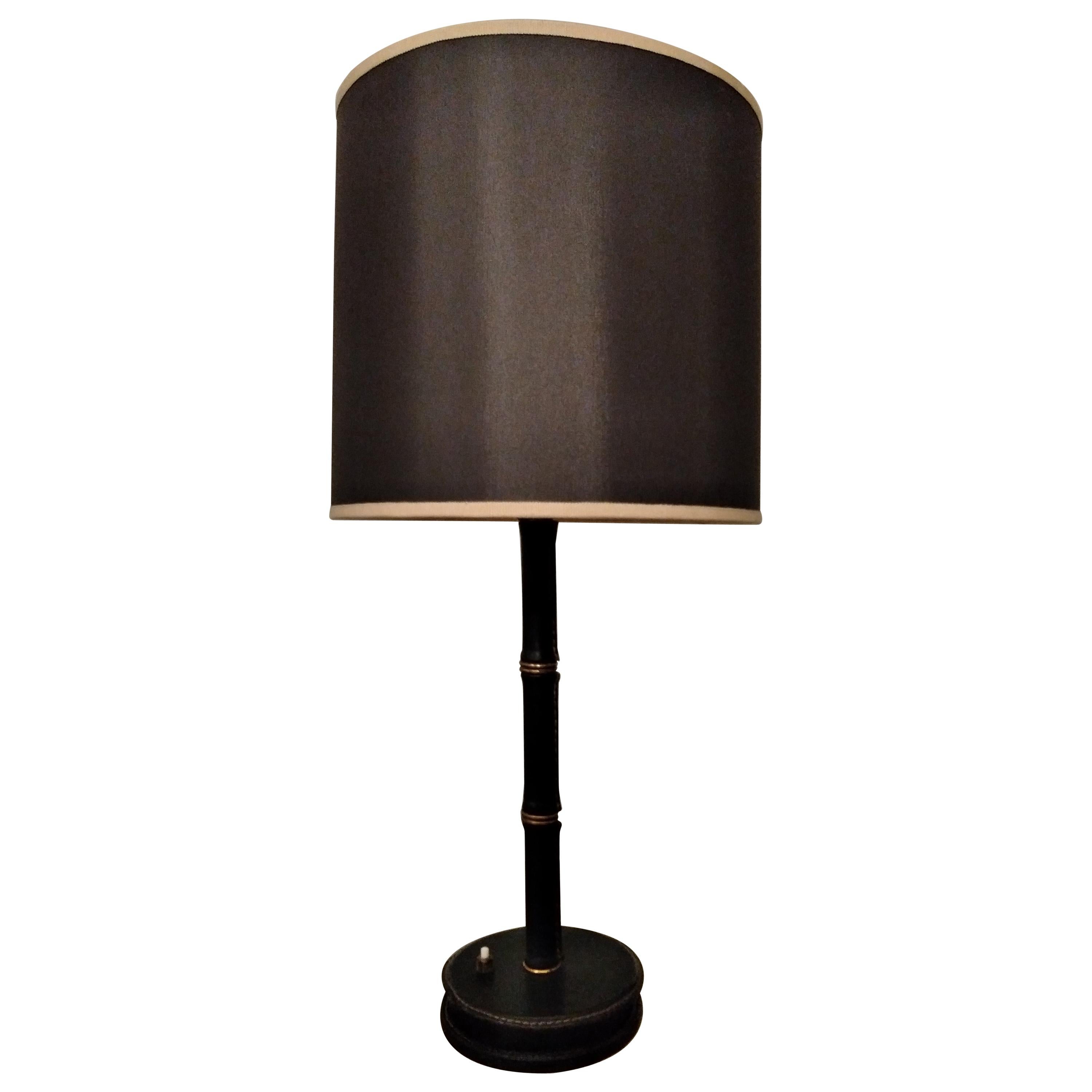 Jacques Adnet Black Stitched Leather Table Lamp, Bamboo Form, French, 1950s For Sale
