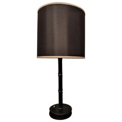 Retro Jacques Adnet Black Stitched Leather Table Lamp, Bamboo Form, French, 1950s