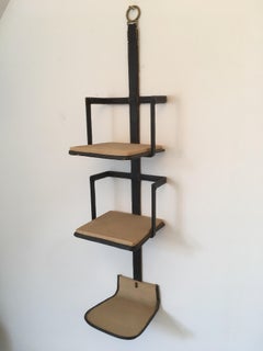 Jacques Adnet Black Stitched Leather Wall Bookcase, 3 Shelves, French, 1950s