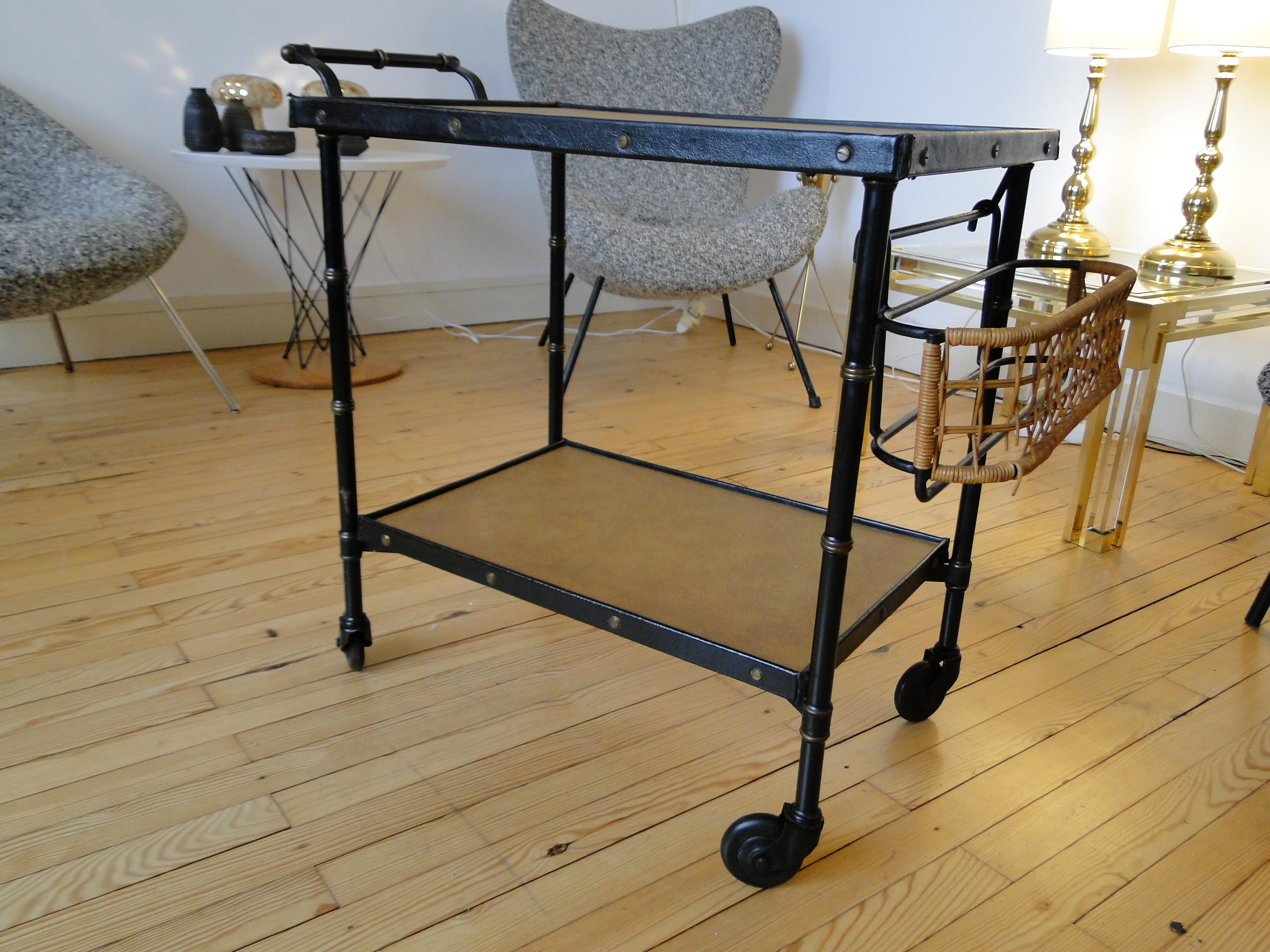  Jacques Adnet Black Stitched Leather  Wicker Bar Cart Trolley Table For Sale 3