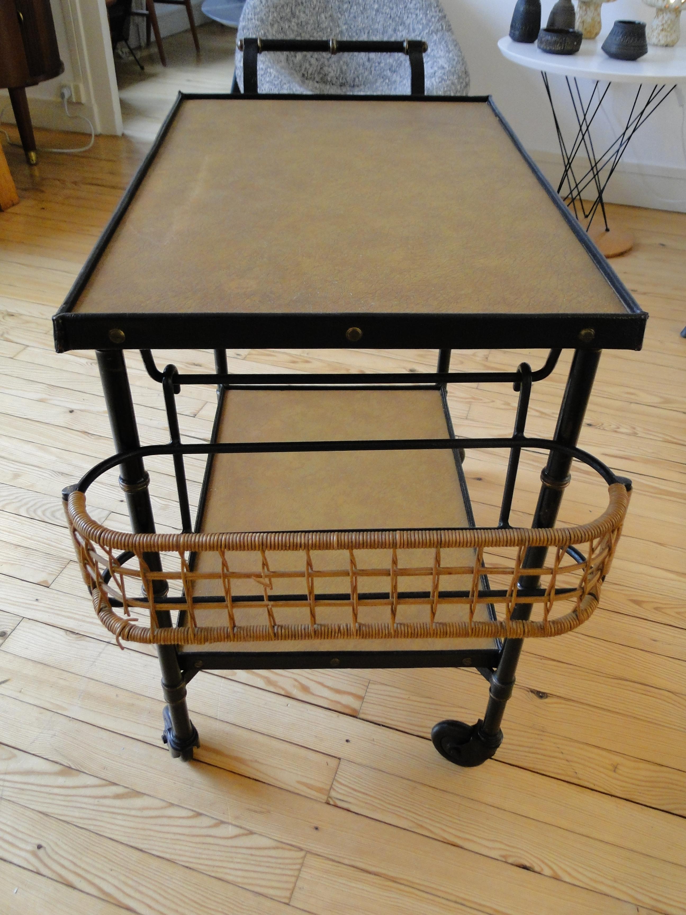  Jacques Adnet Black Stitched Leather  Wicker Bar Cart Trolley Table For Sale 7