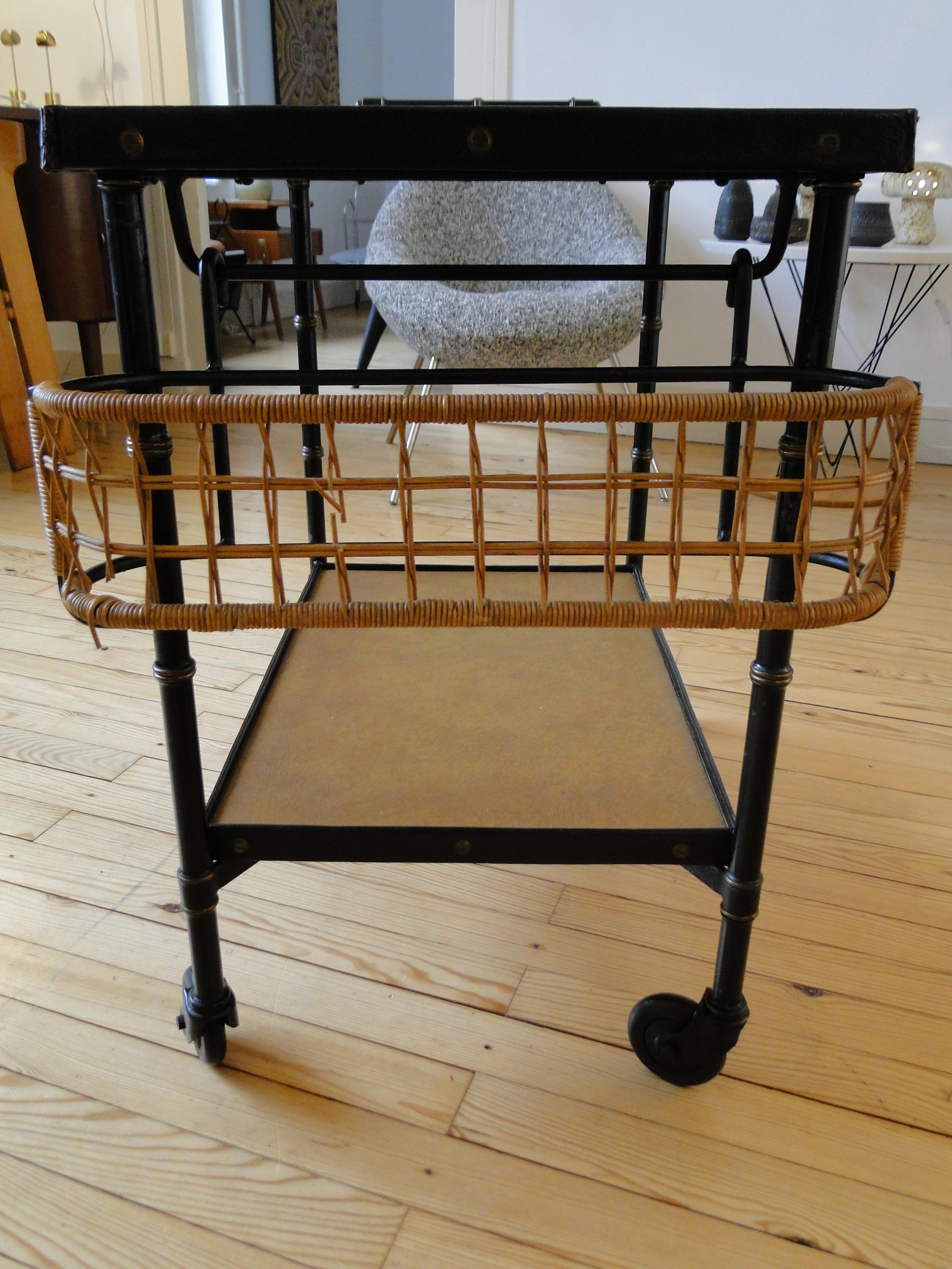 Jacques Adnet Black Stitched Leather  Wicker Bar Cart Trolley Table For Sale 8