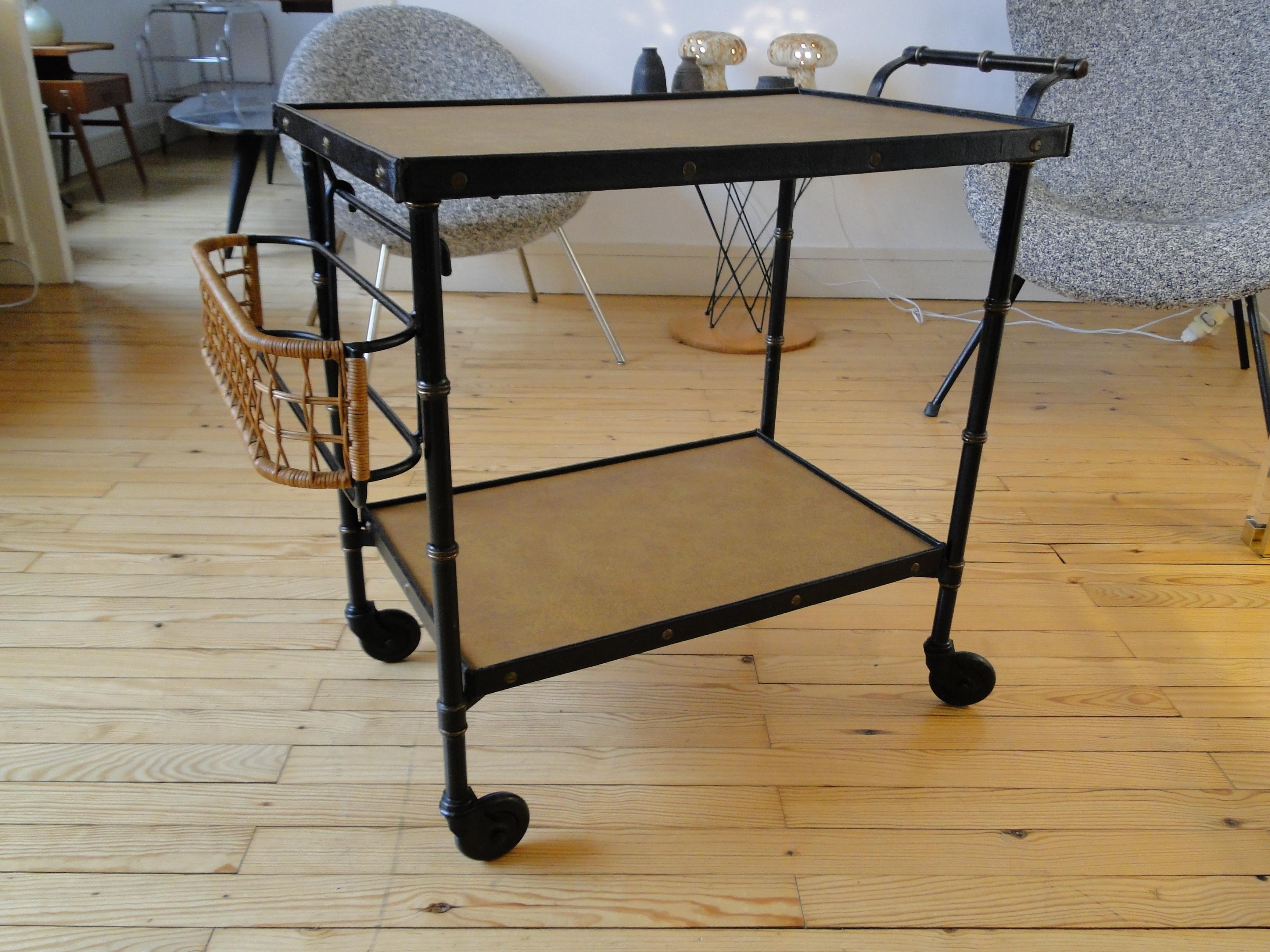 Jacques Adnet Black Stitched Leather  Wicker Bar Cart Trolley Table For Sale 9