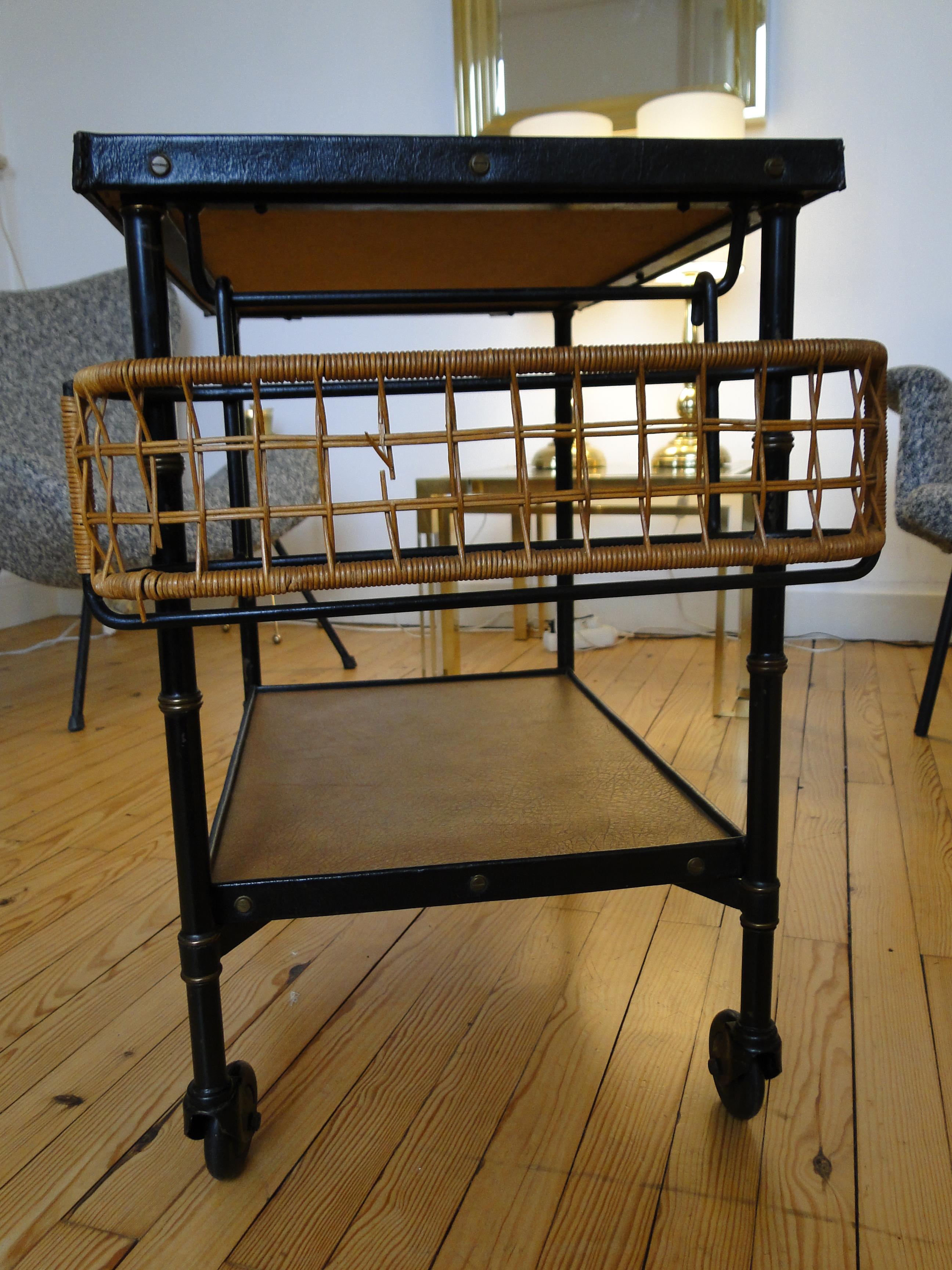  Jacques Adnet Black Stitched Leather  Wicker Bar Cart Trolley Table For Sale 11