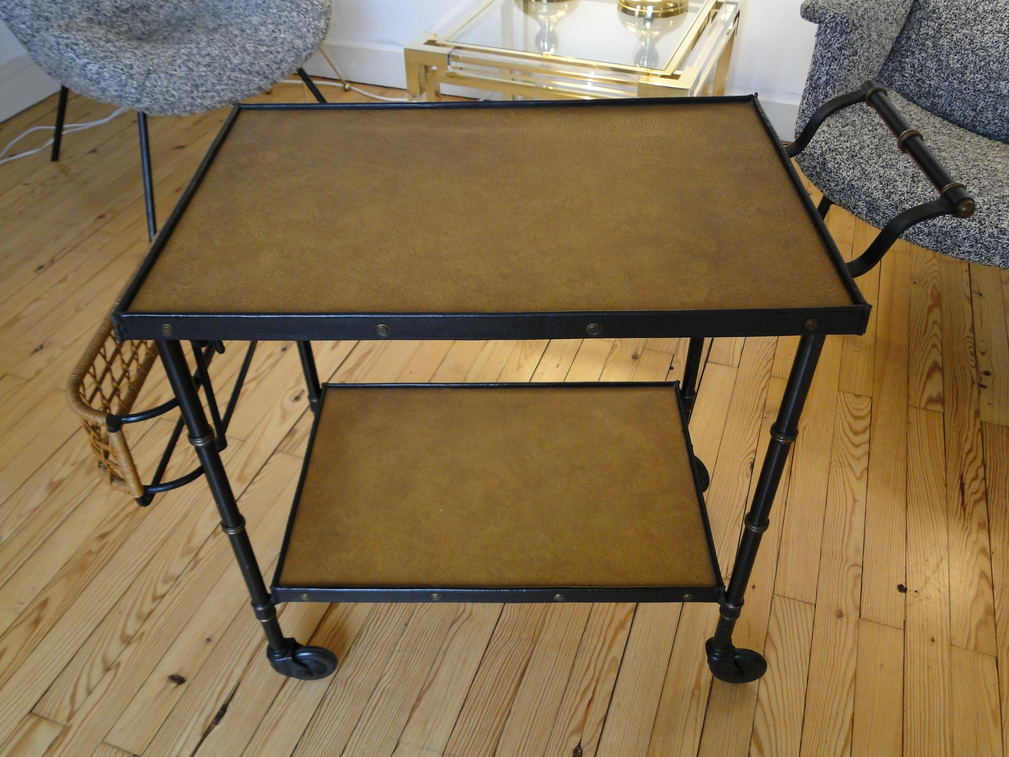 Mid-Century Modern  Jacques Adnet Black Stitched Leather  Wicker Bar Cart Trolley Table For Sale