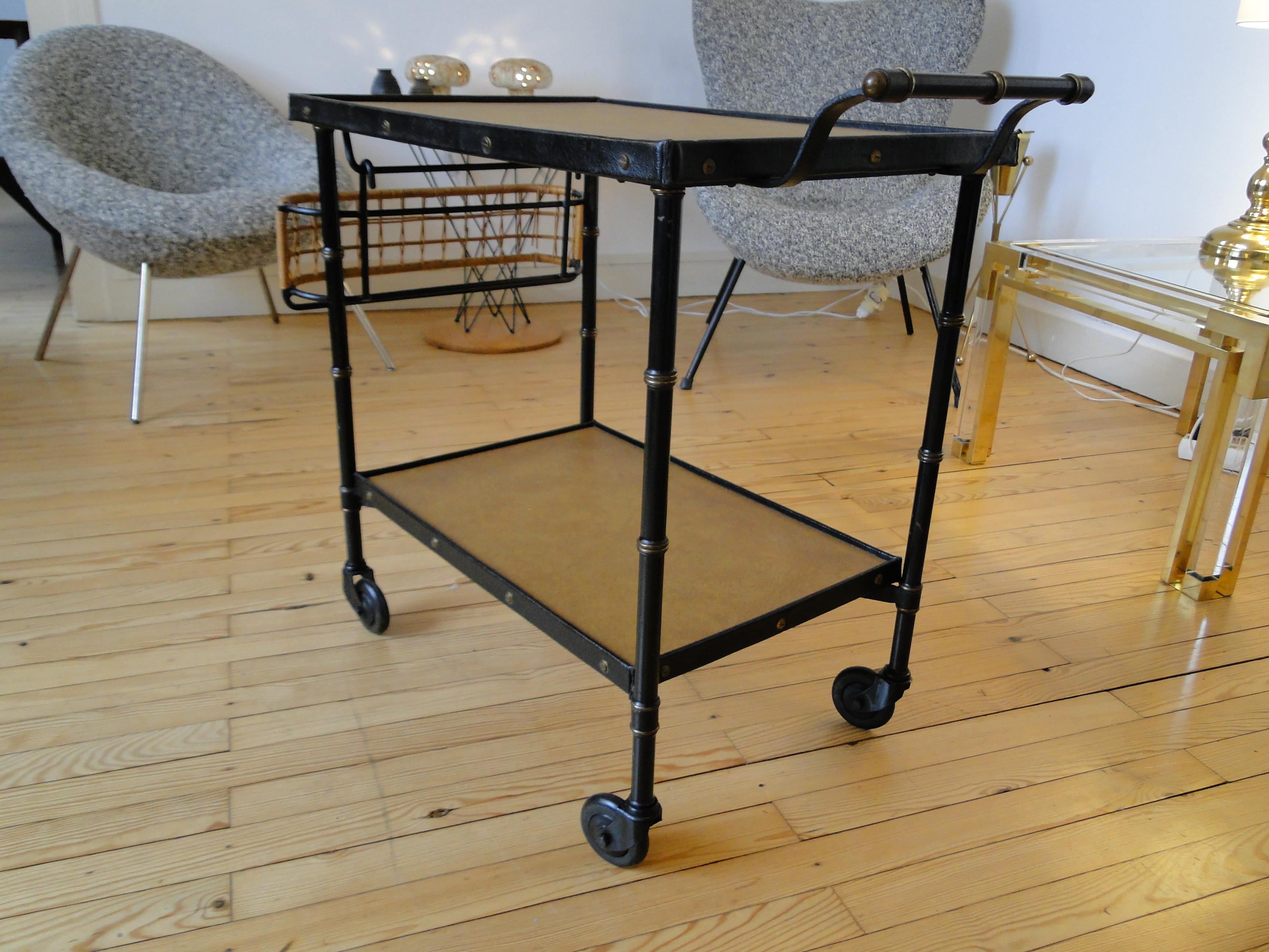 Mid-20th Century  Jacques Adnet Black Stitched Leather  Wicker Bar Cart Trolley Table For Sale