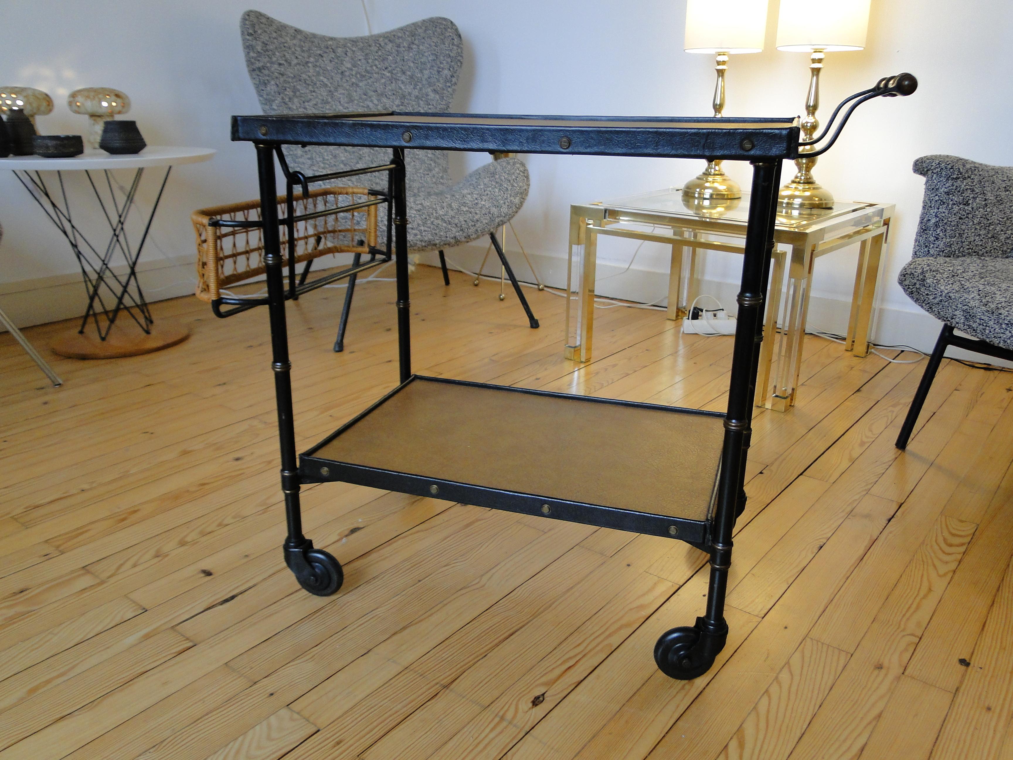 Mid-20th Century  Jacques Adnet Black Stitched Leather  Wicker Bar Cart Trolley Table For Sale
