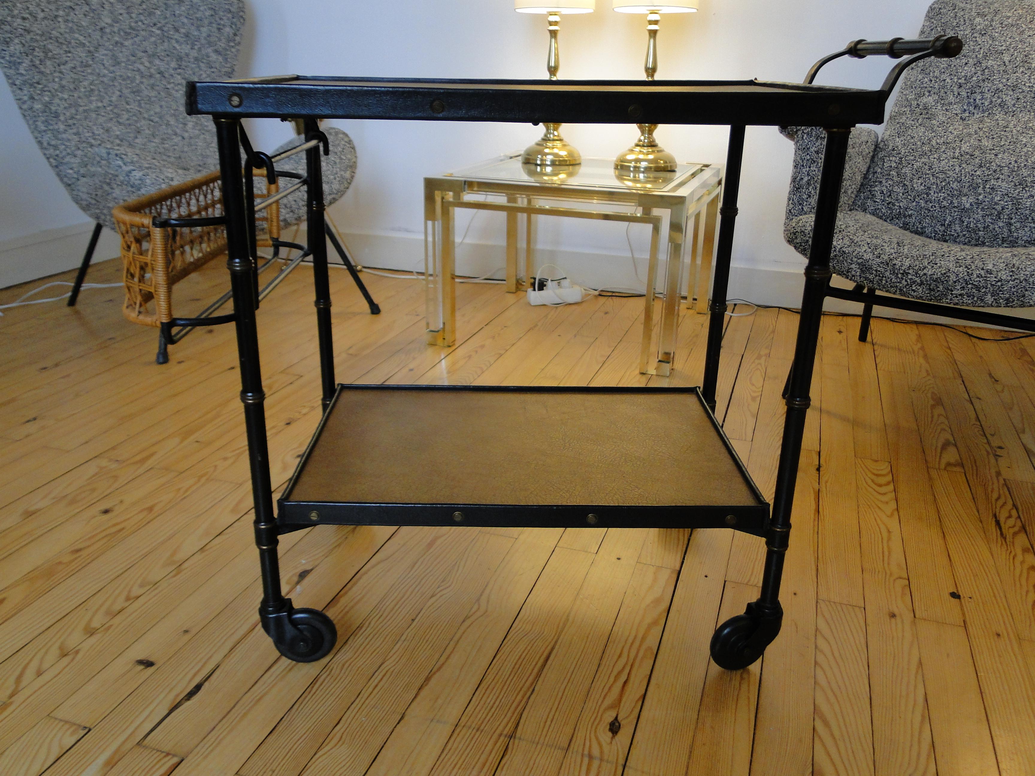 Brass  Jacques Adnet Black Stitched Leather  Wicker Bar Cart Trolley Table For Sale