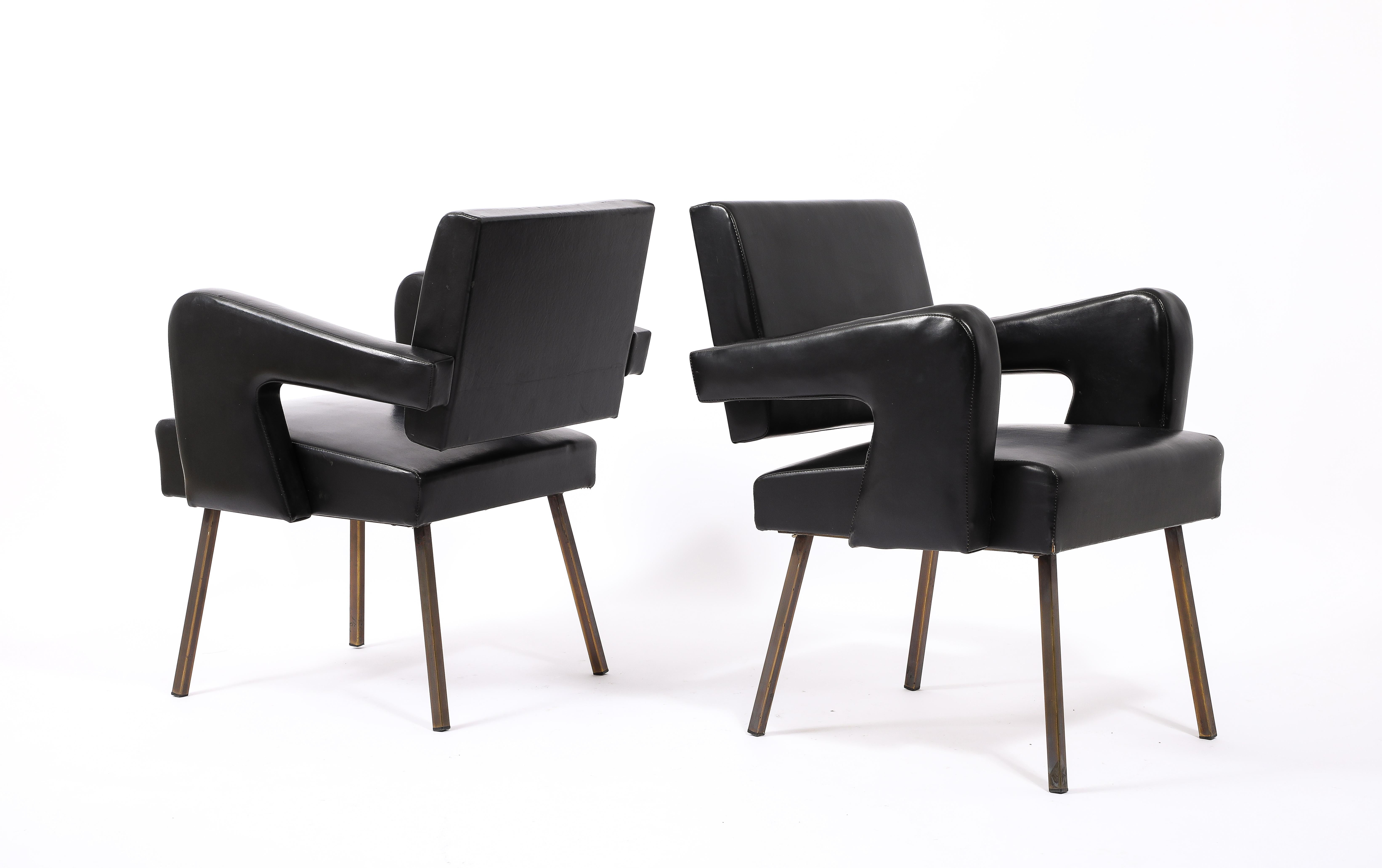 Jacques Adnet Black Vinyl & Brass Armchairs, France 1950's For Sale 4
