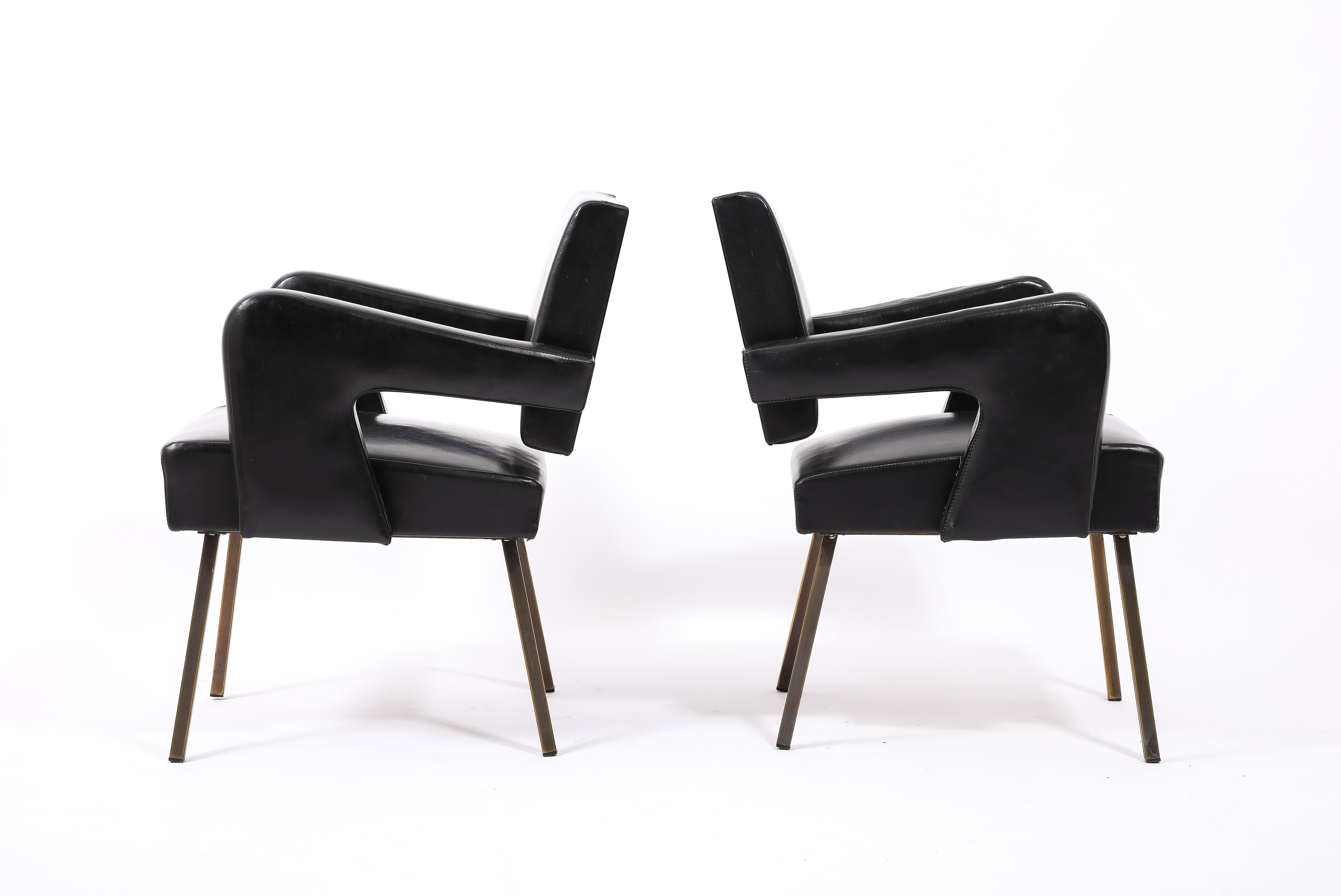 Jacques Adnet Black Vinyl & Brass Armchairs, France 1950's For Sale 5
