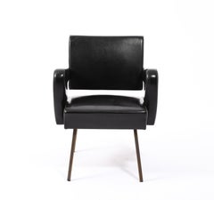 Jacques Adnet Black Vinyl & Brass Armchairs, France 1950's