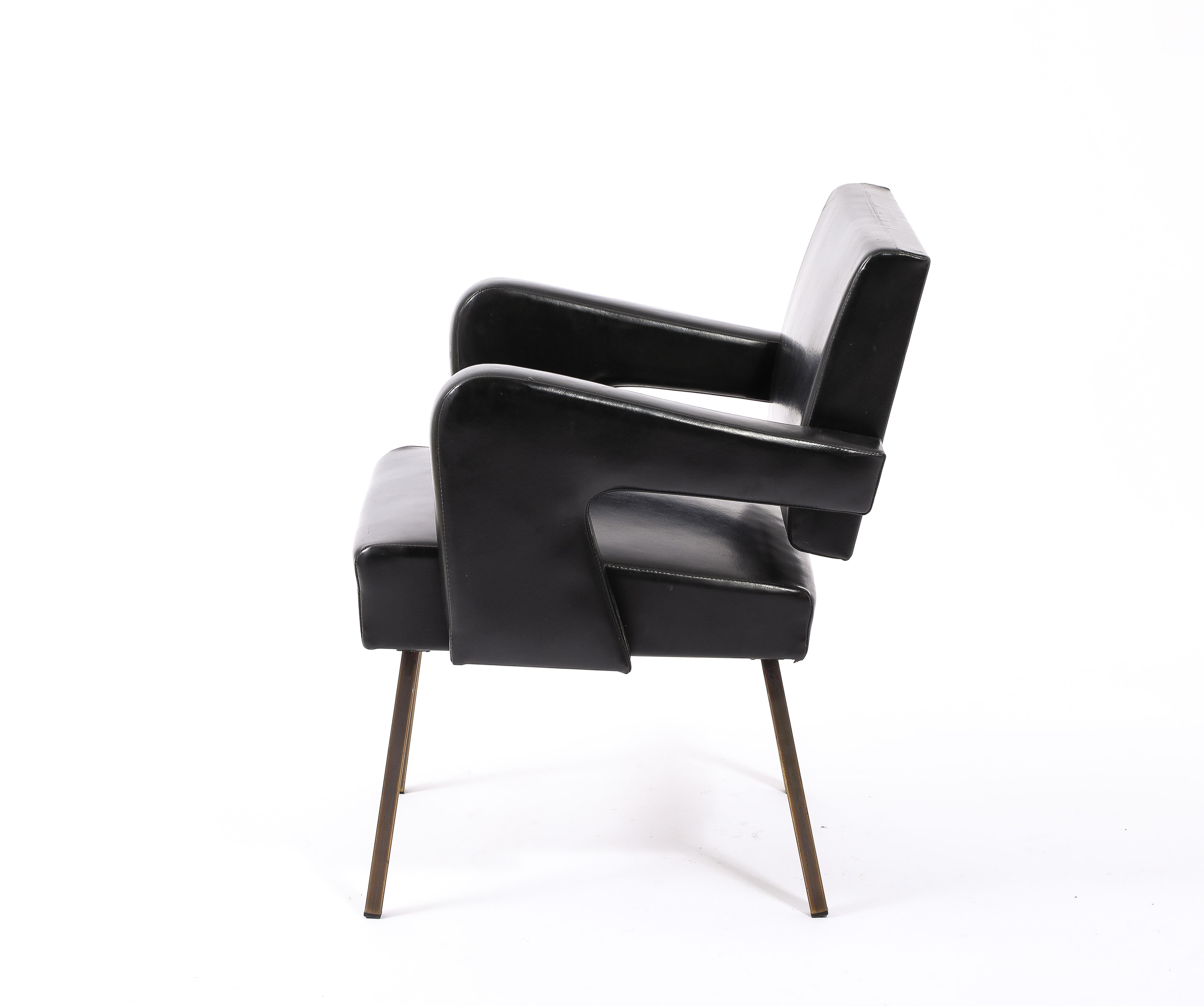 Mid-Century Modern Jacques Adnet Black Vinyl & Brass Armchairs, France 1950's For Sale