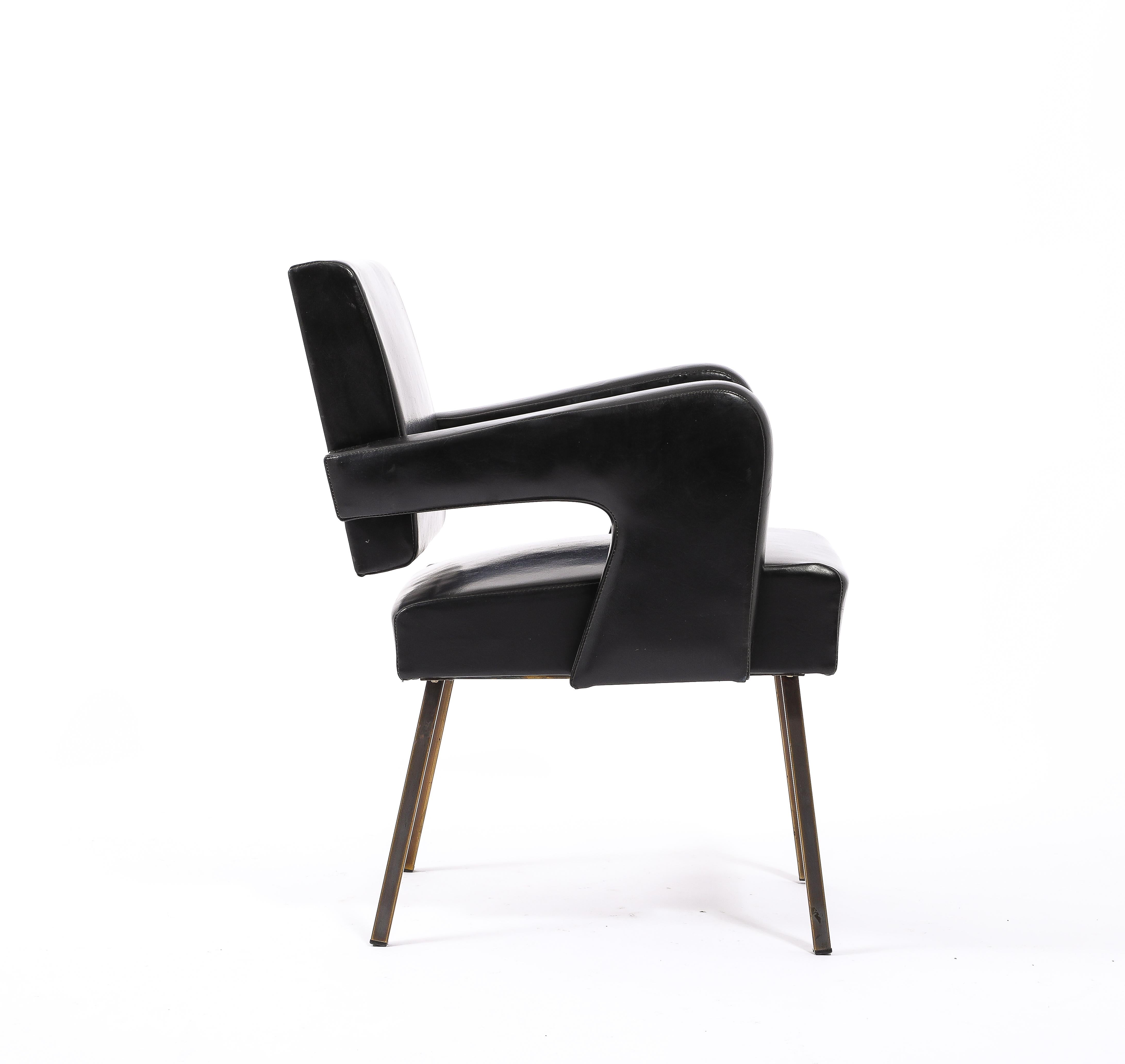 Jacques Adnet Black Vinyl & Brass Armchairs, France 1950's For Sale 1