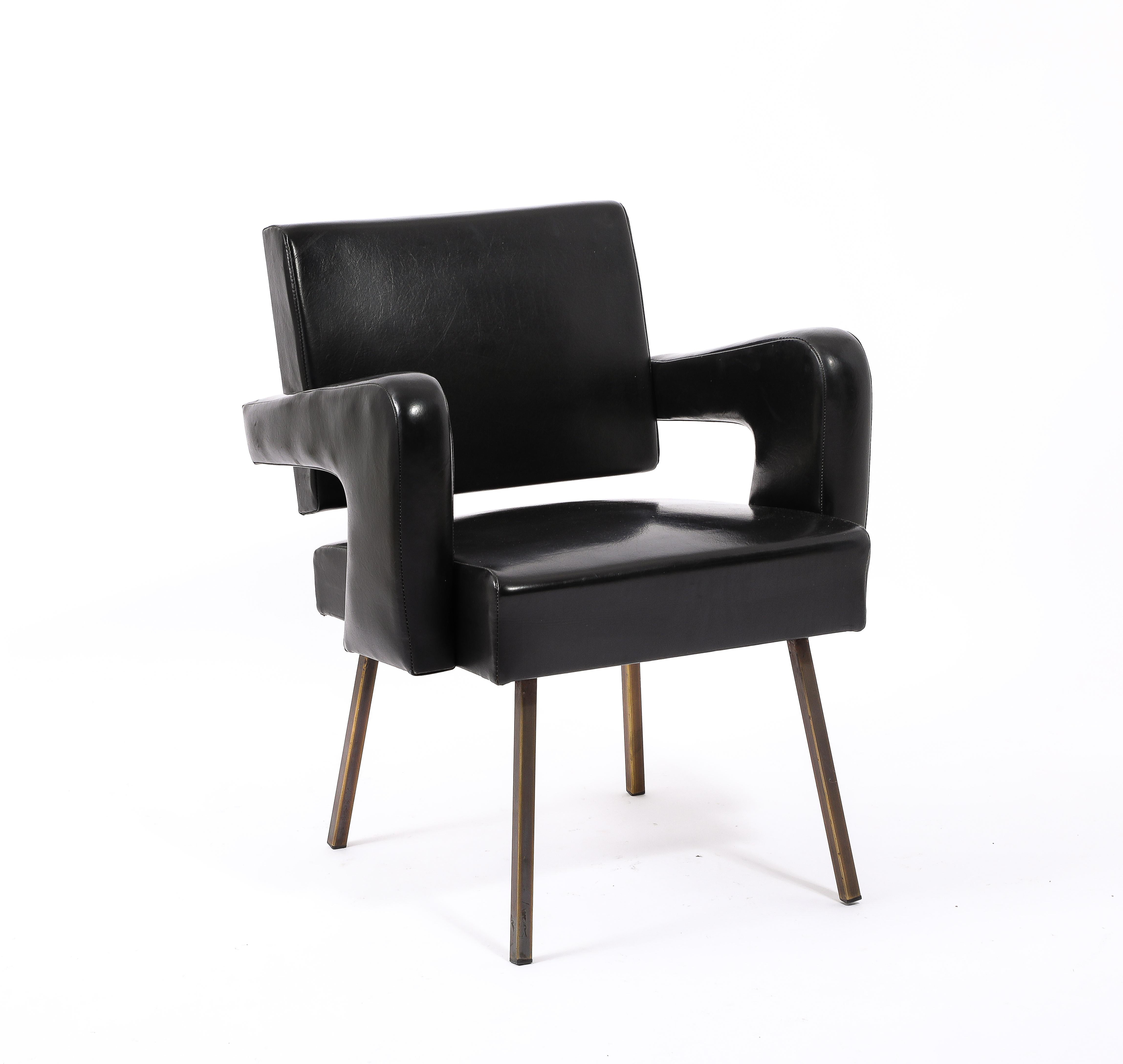 Jacques Adnet Black Vinyl & Brass Armchairs, France 1950's For Sale 3