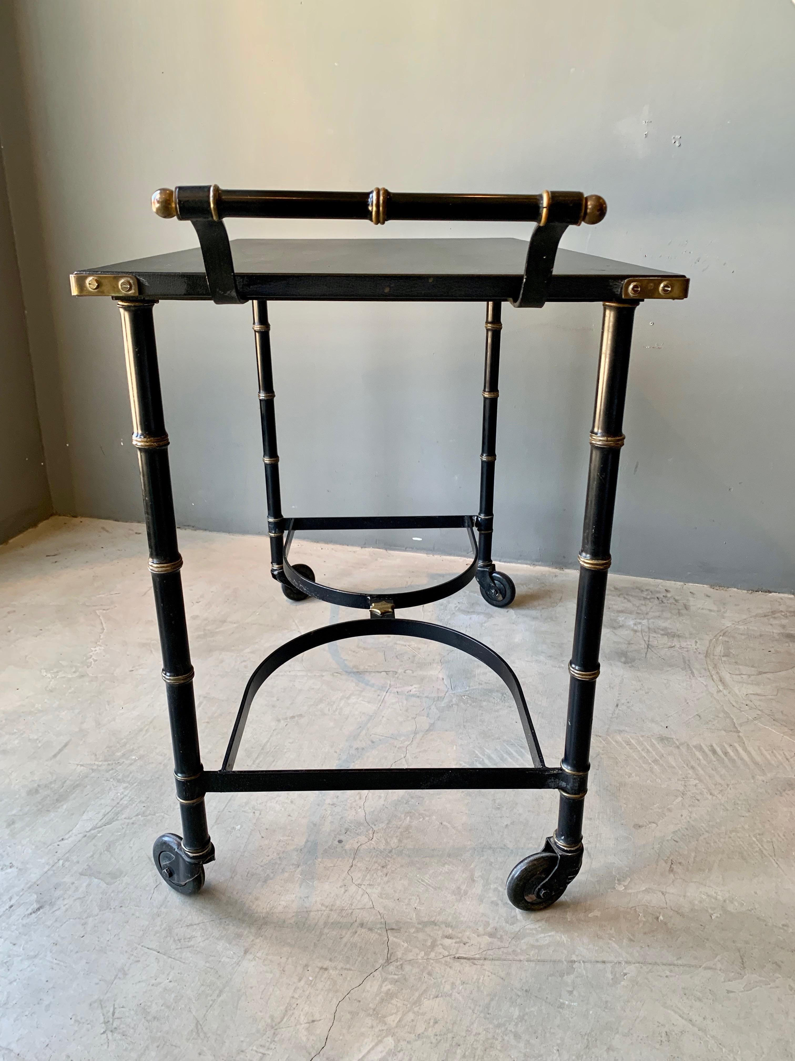French Jacques Adnet Brass and Leather Bar Cart