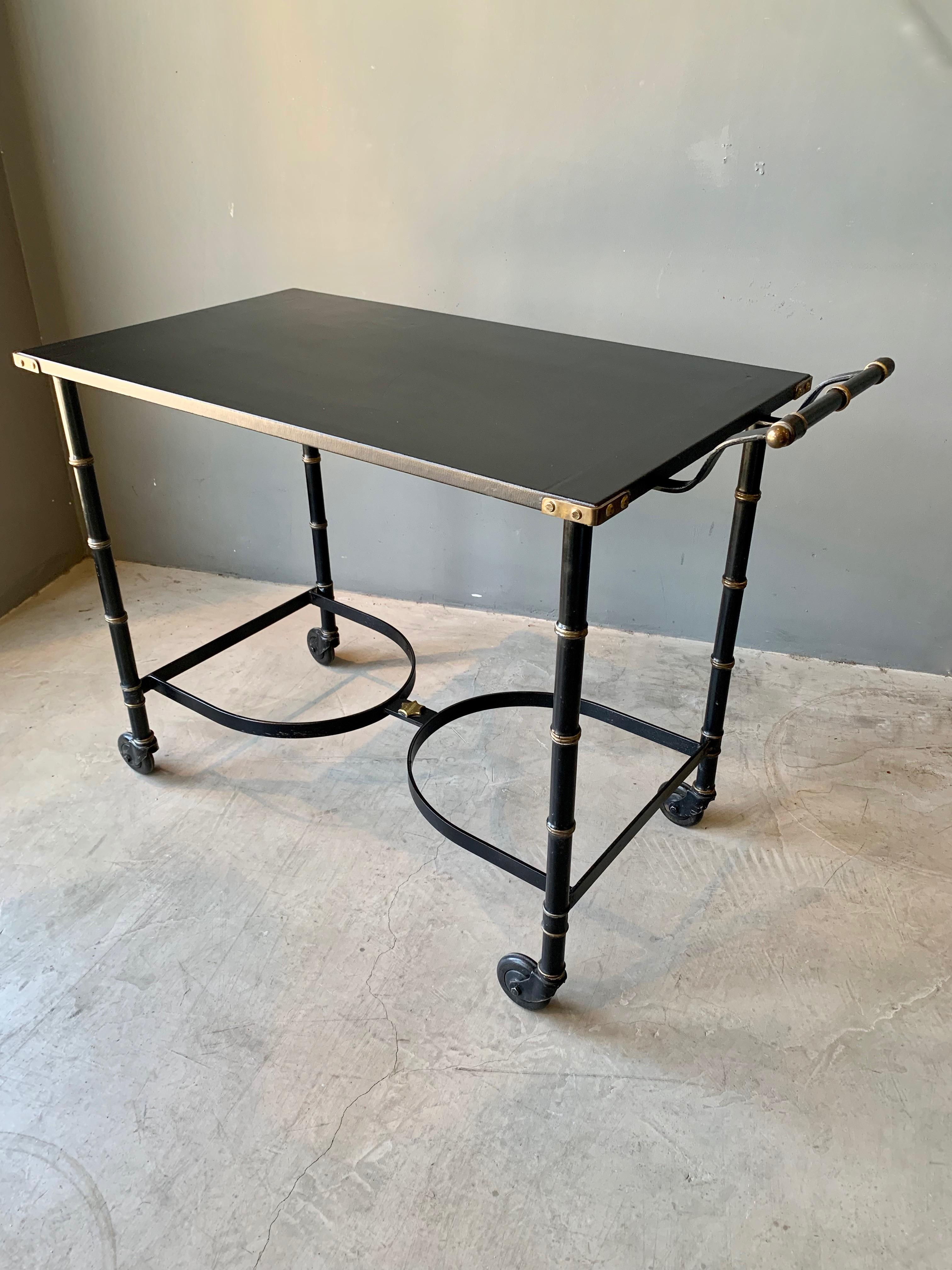 Jacques Adnet Brass and Leather Bar Cart In Good Condition In Los Angeles, CA