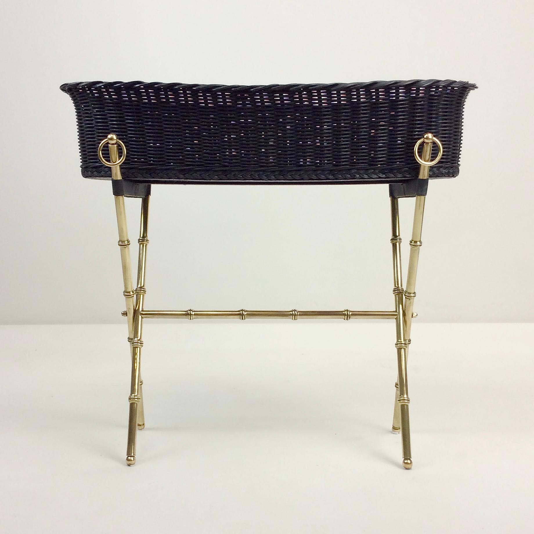 Mid-Century Modern Jacques Adnet Brass and Wicker Jardiniere, circa 1960, France For Sale