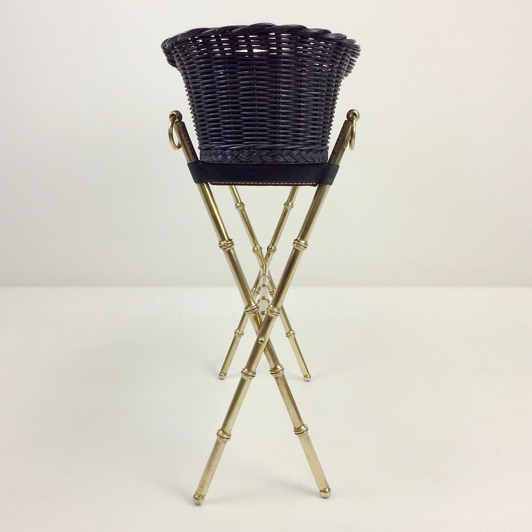 French Jacques Adnet Brass and Wicker Jardiniere, circa 1960, France For Sale