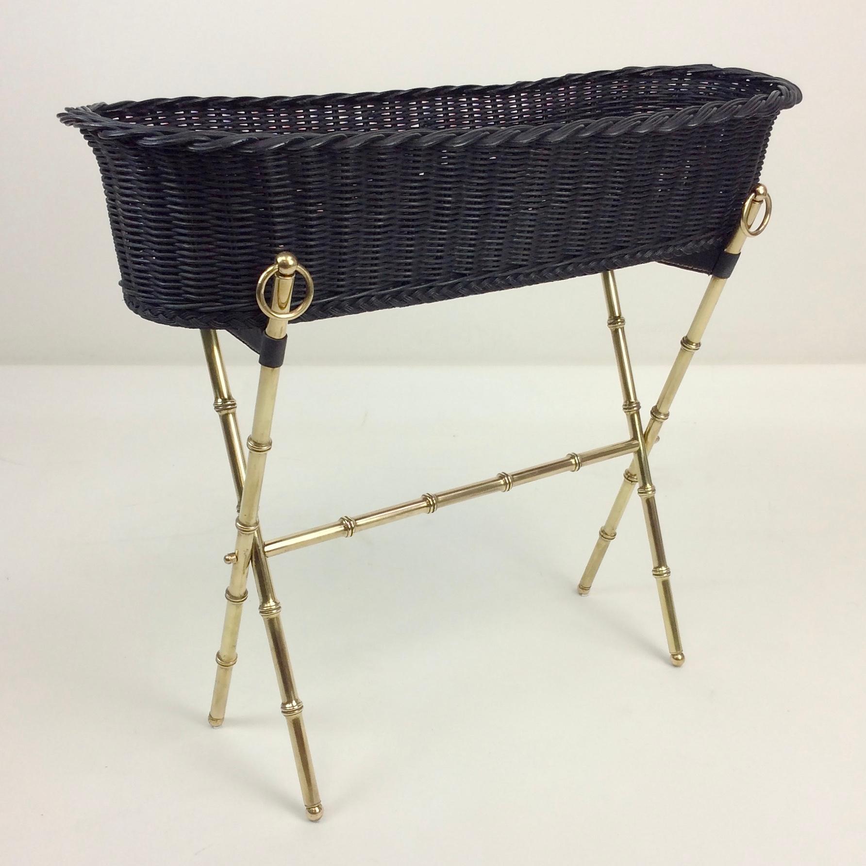 Blackened Jacques Adnet Brass and Wicker Jardiniere, circa 1960, France For Sale