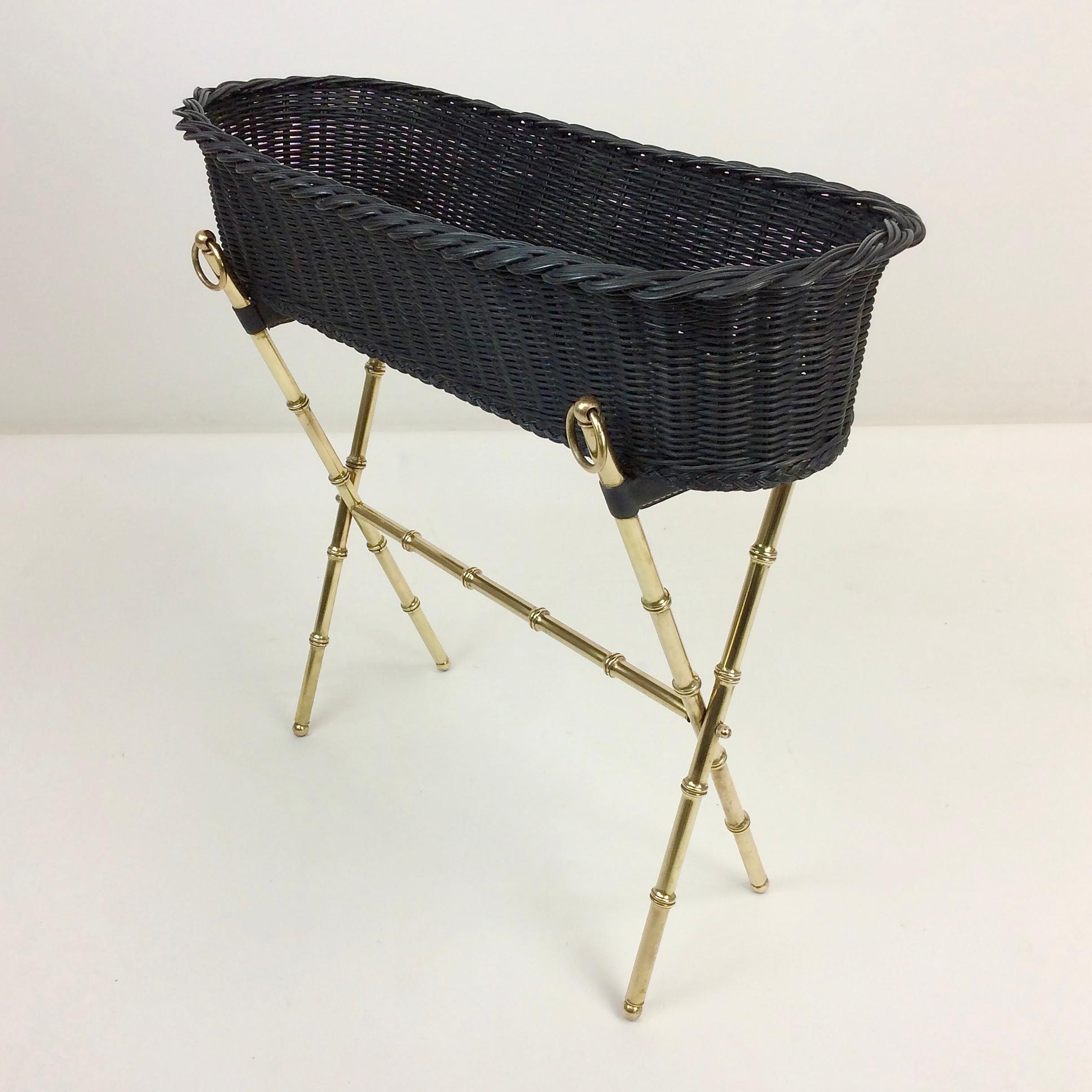 Jacques Adnet Brass and Wicker Jardiniere, circa 1960, France In Good Condition For Sale In Brussels, BE