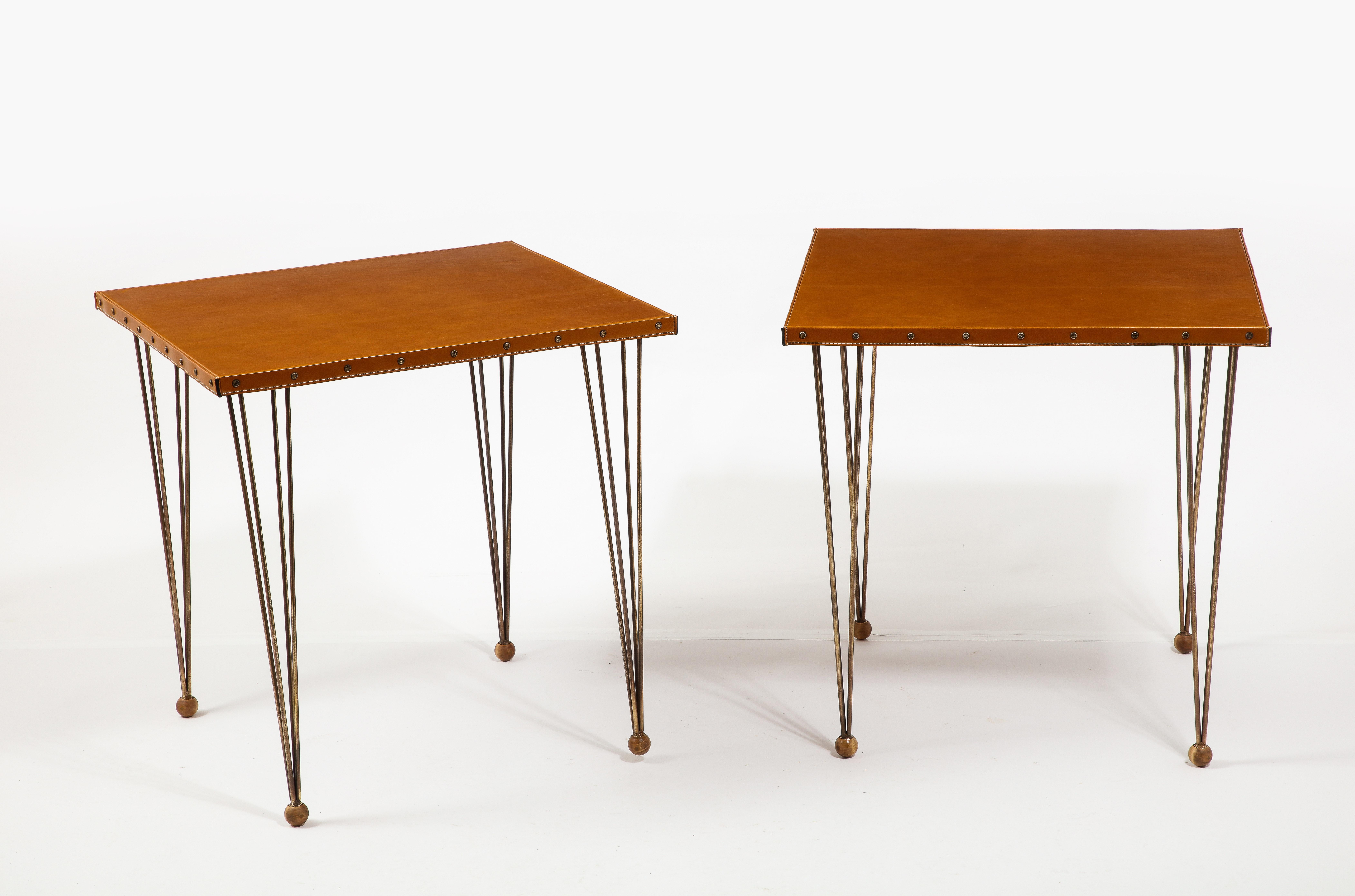 Jacques Adnet Brass & Leather End Tables, France 1950's 4