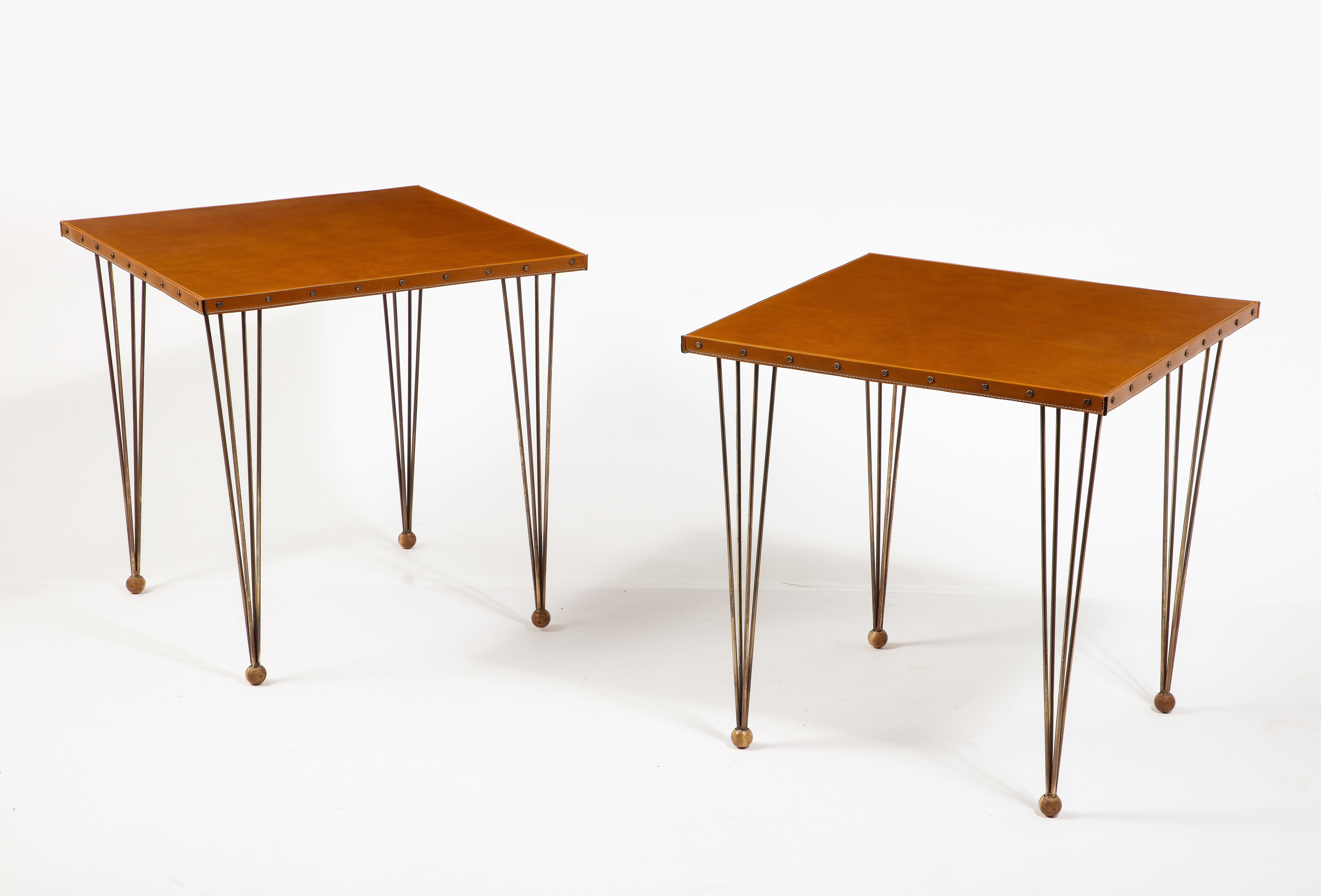 Jacques Adnet Brass & Leather End Tables, France 1950's 6